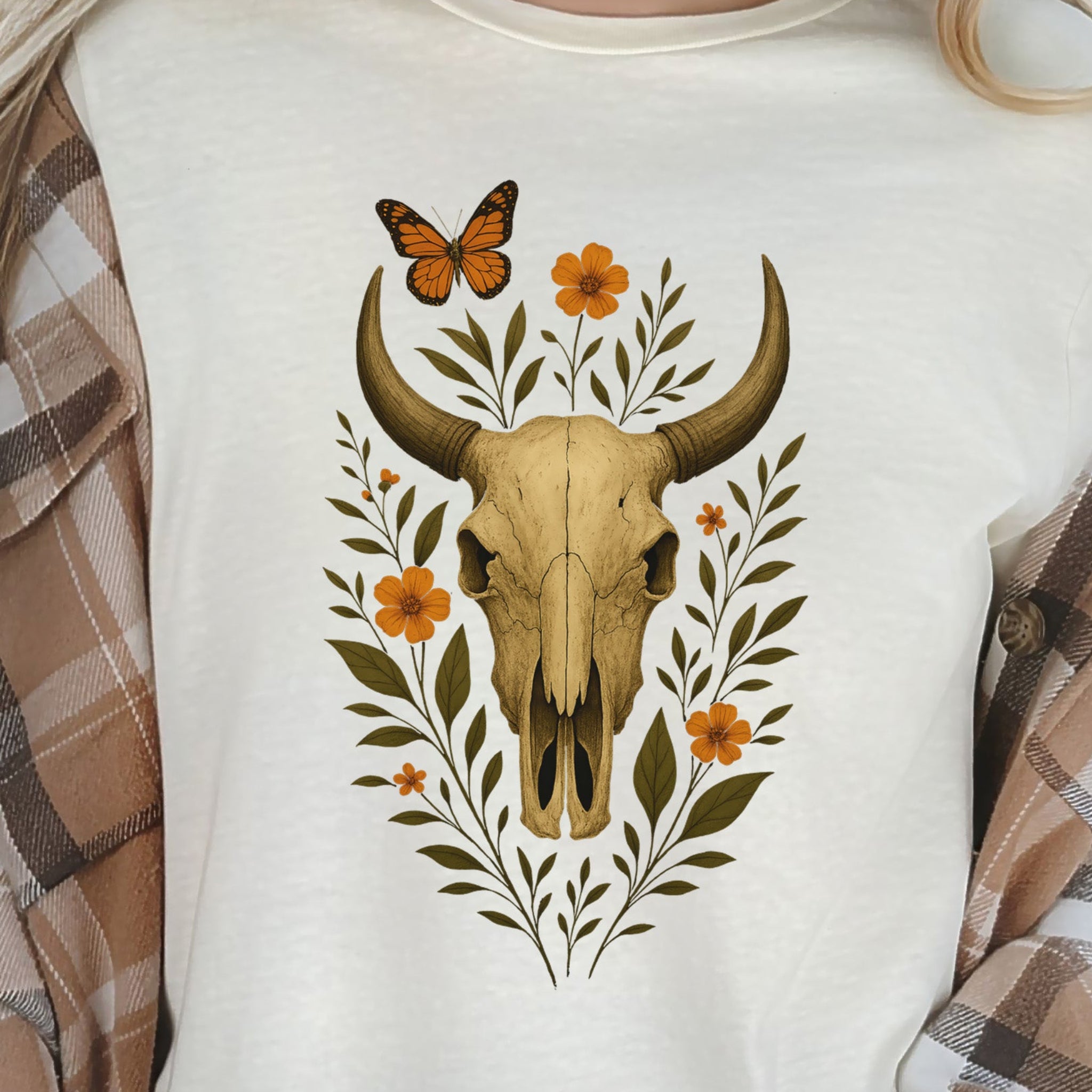 Western Bloom Skull T-Shirt – Floral Bull Skull & Butterfly Tee