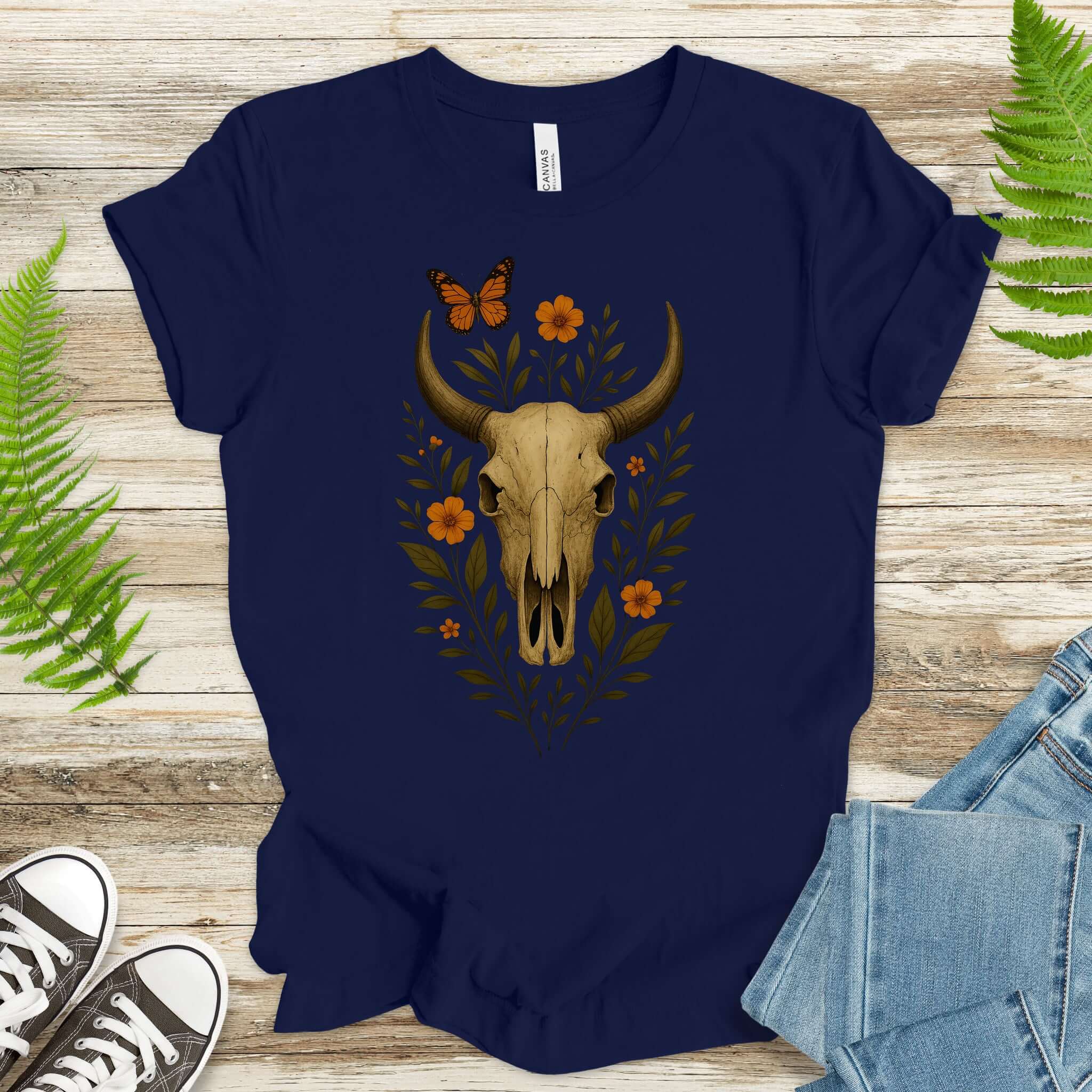 Western Bloom Skull T-Shirt – Floral Bull Skull & Butterfly Tee