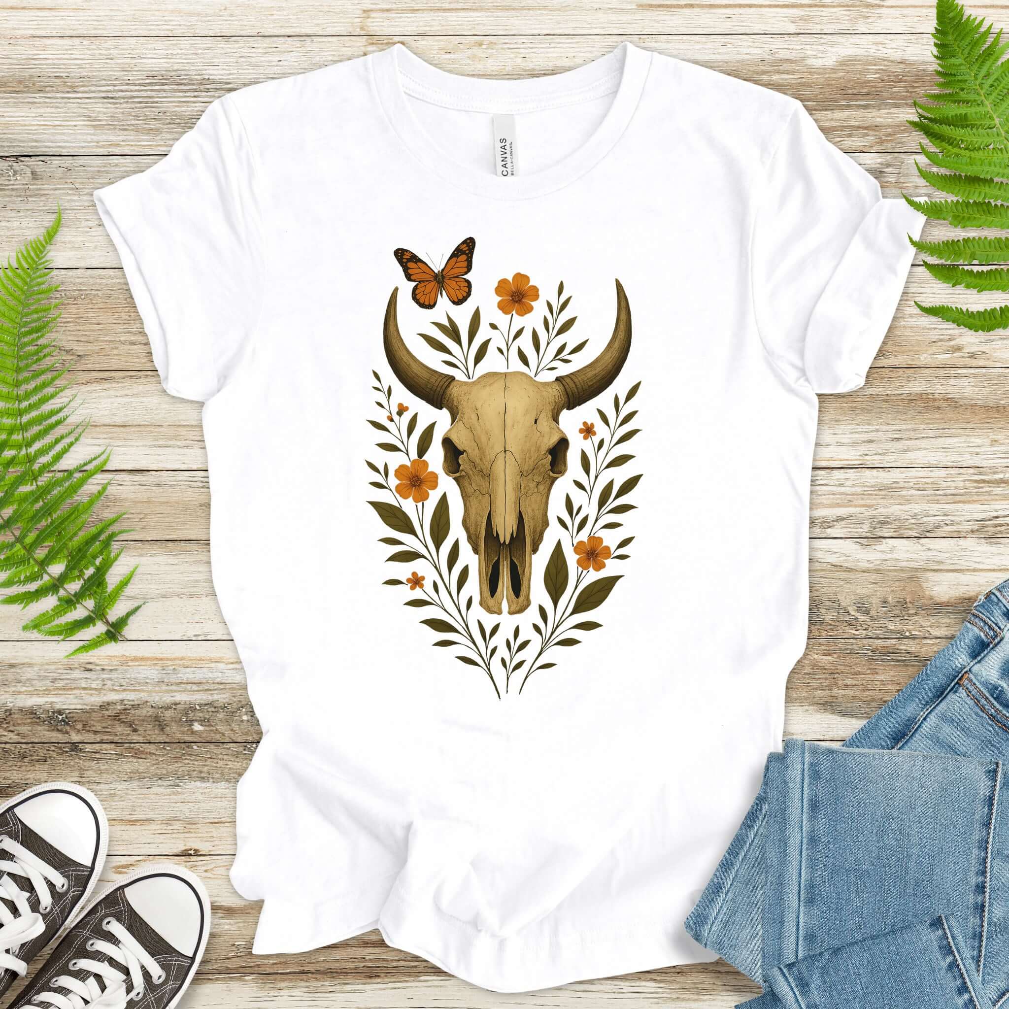 Western Bloom Skull T-Shirt – Floral Bull Skull & Butterfly Tee