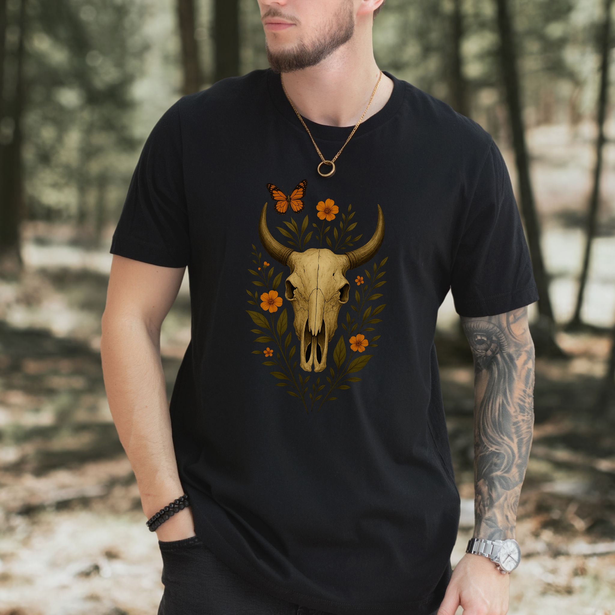 Western Bloom Skull T-Shirt – Floral Bull Skull & Butterfly Tee