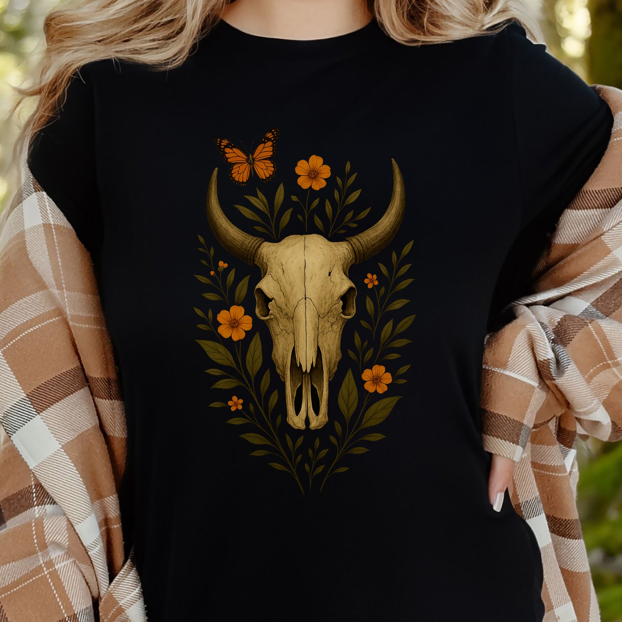 Western Bloom Skull T-Shirt – Floral Bull Skull & Butterfly Tee