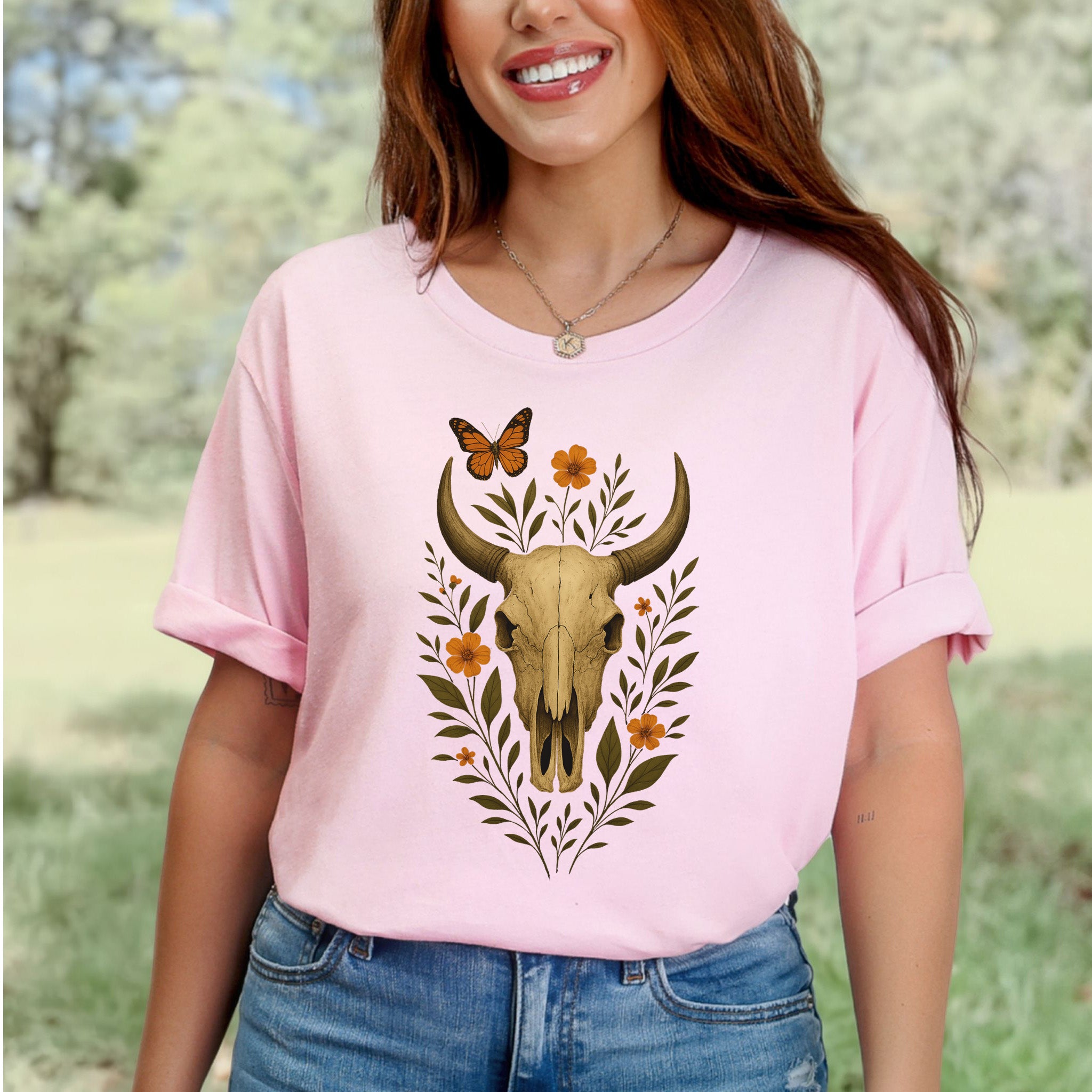 Western Bloom Skull T-Shirt – Floral Bull Skull & Butterfly Tee