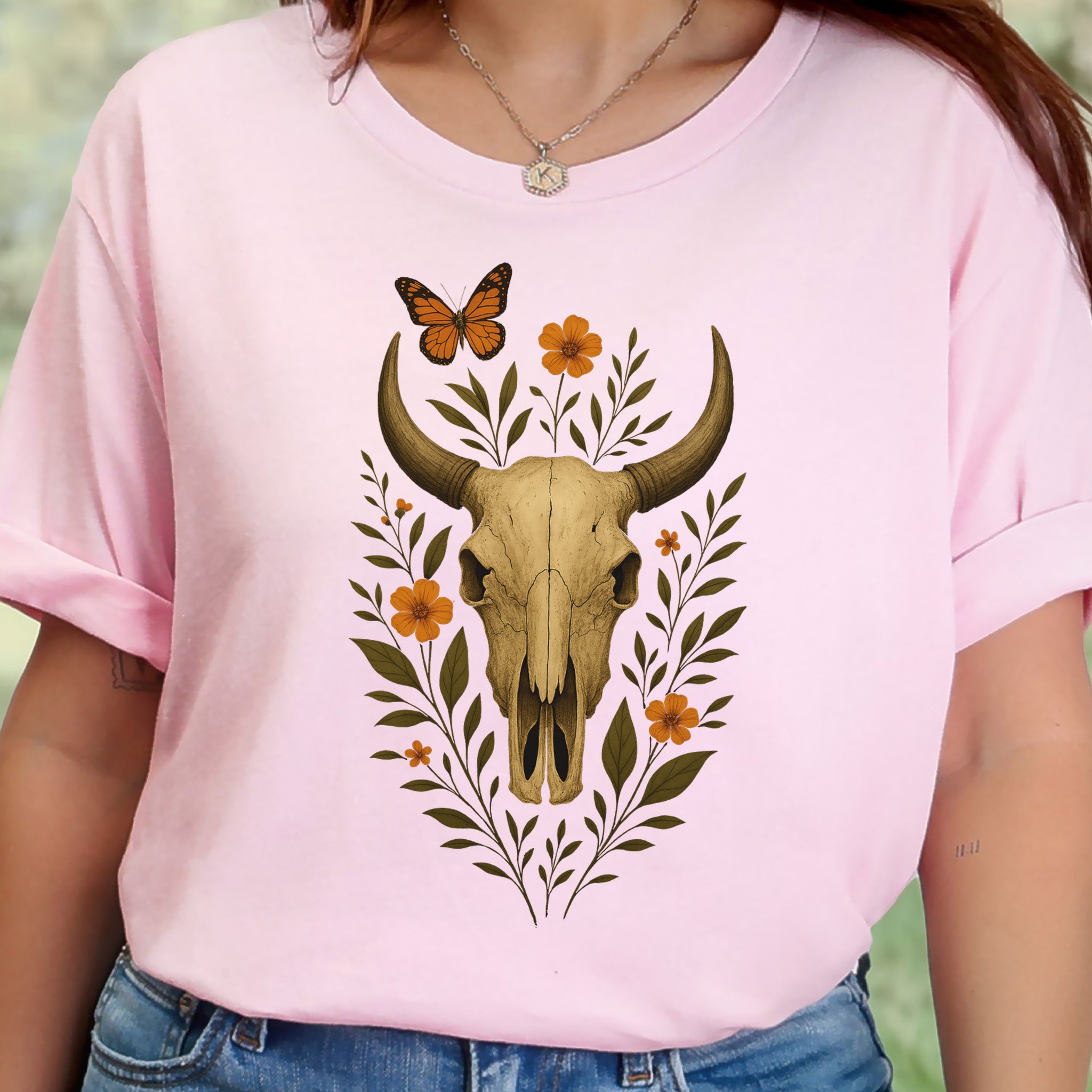 Western Bloom Skull T-Shirt – Floral Bull Skull & Butterfly Tee
