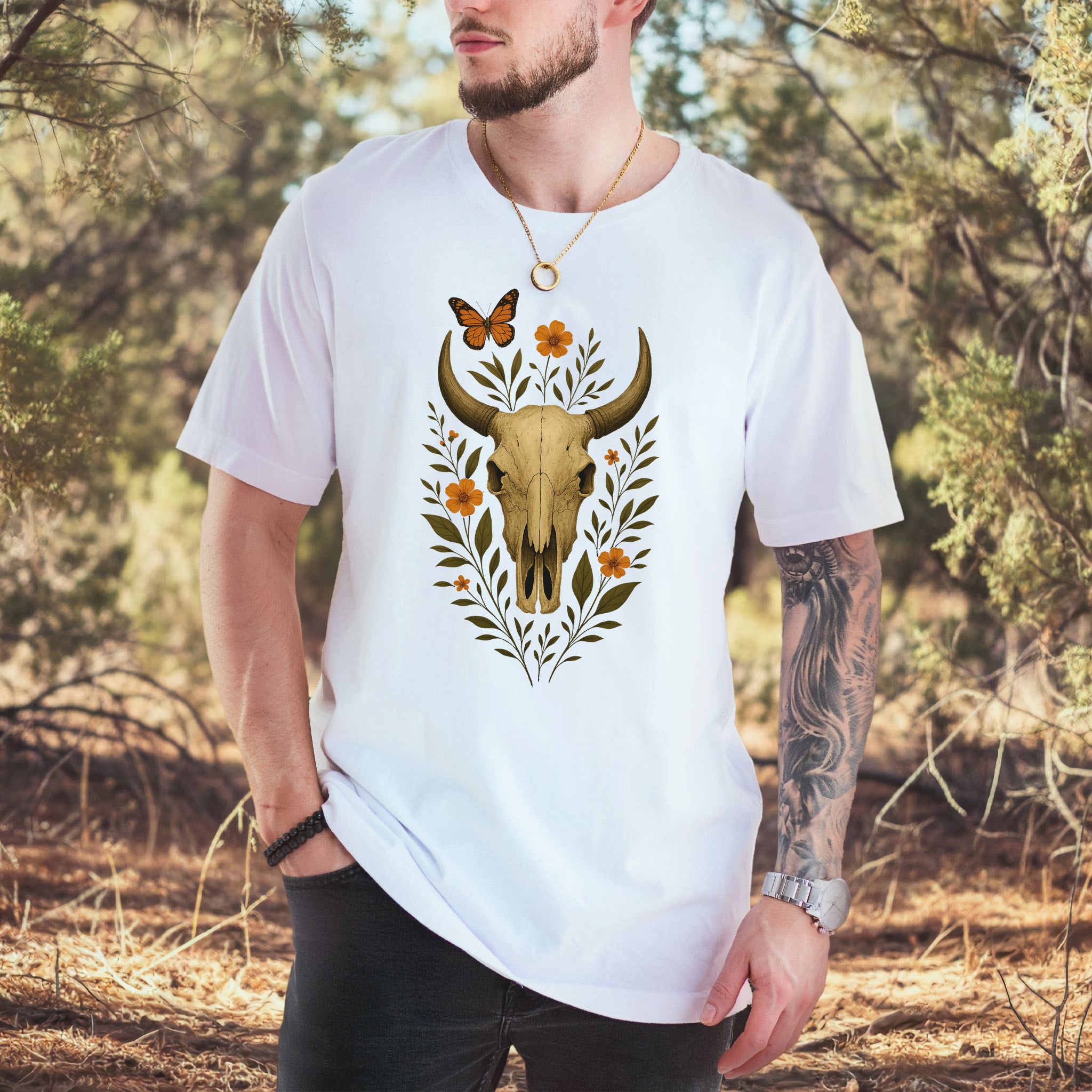 Western Bloom Skull T-Shirt – Floral Bull Skull & Butterfly Tee