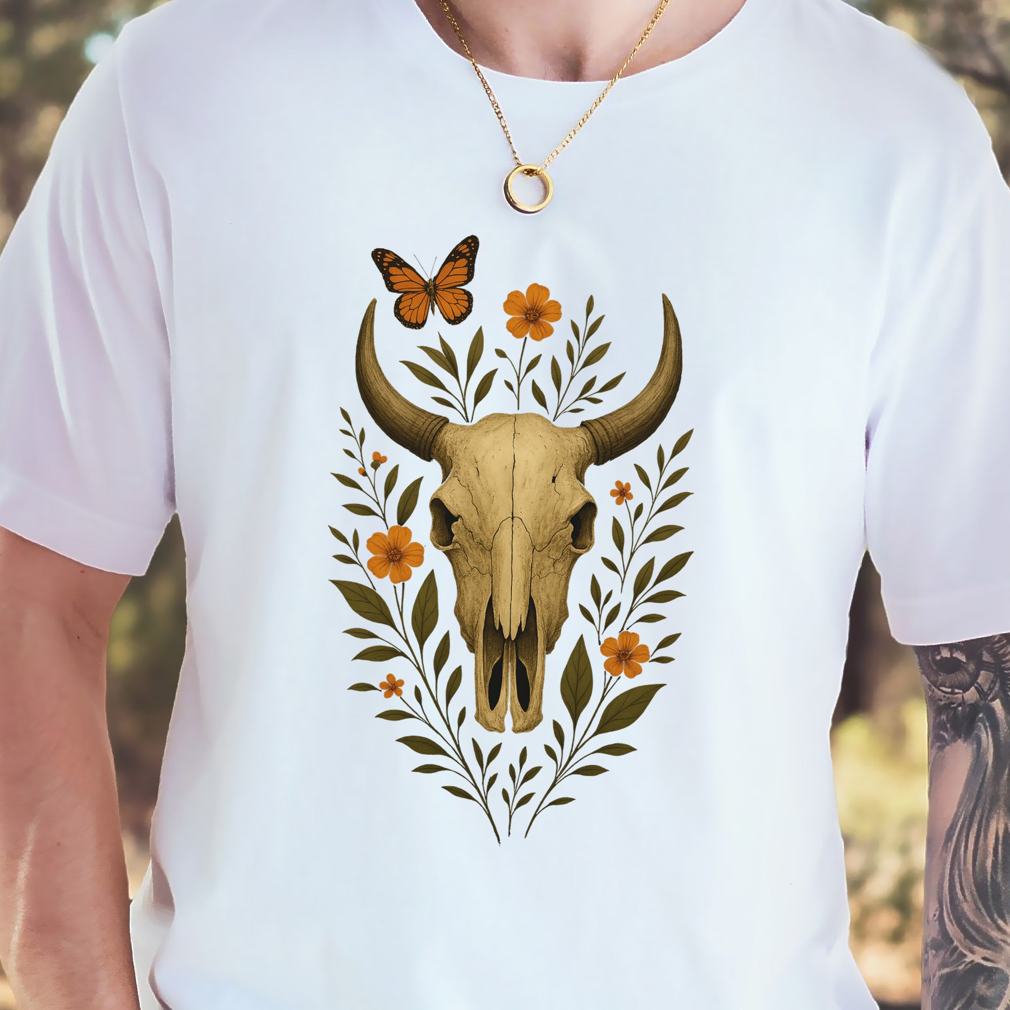 Western Bloom Skull T-Shirt – Floral Bull Skull & Butterfly Tee