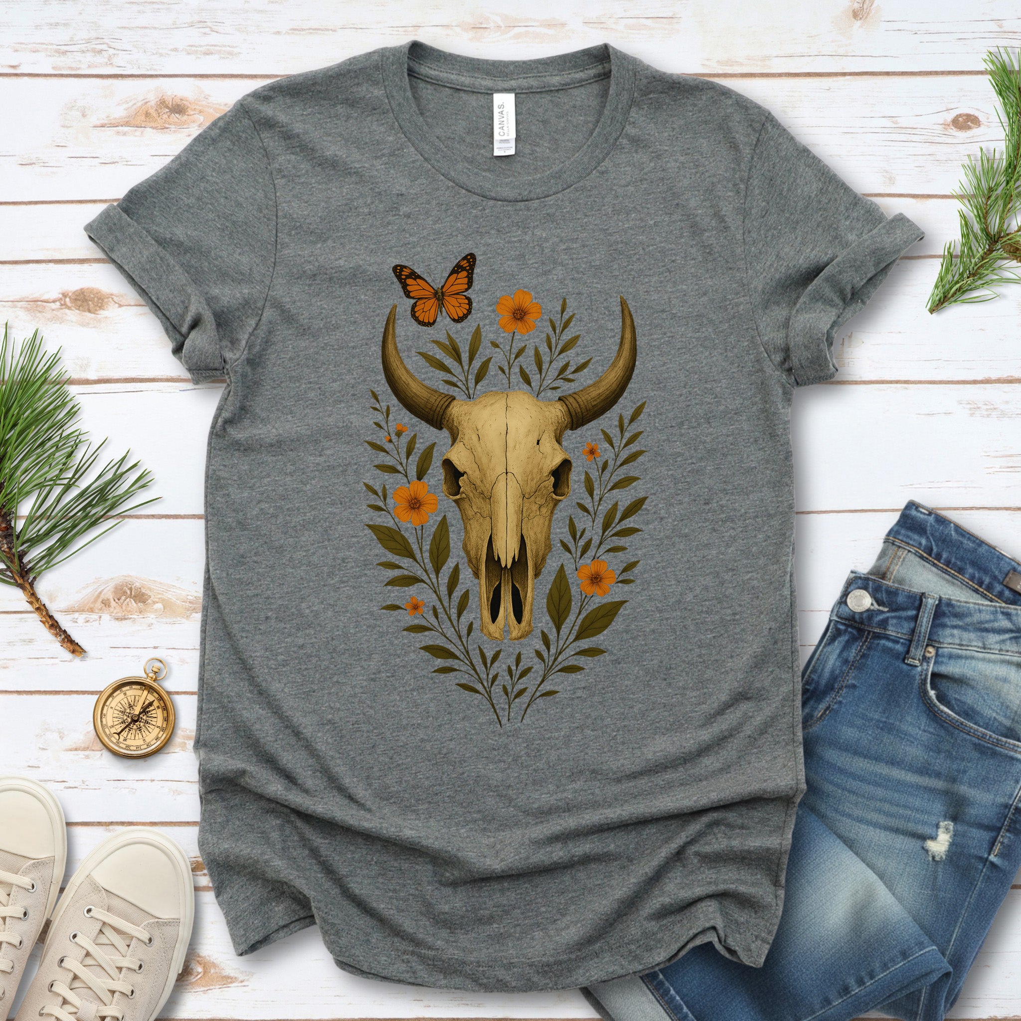 Western Bloom Skull T-Shirt – Floral Bull Skull & Butterfly Tee