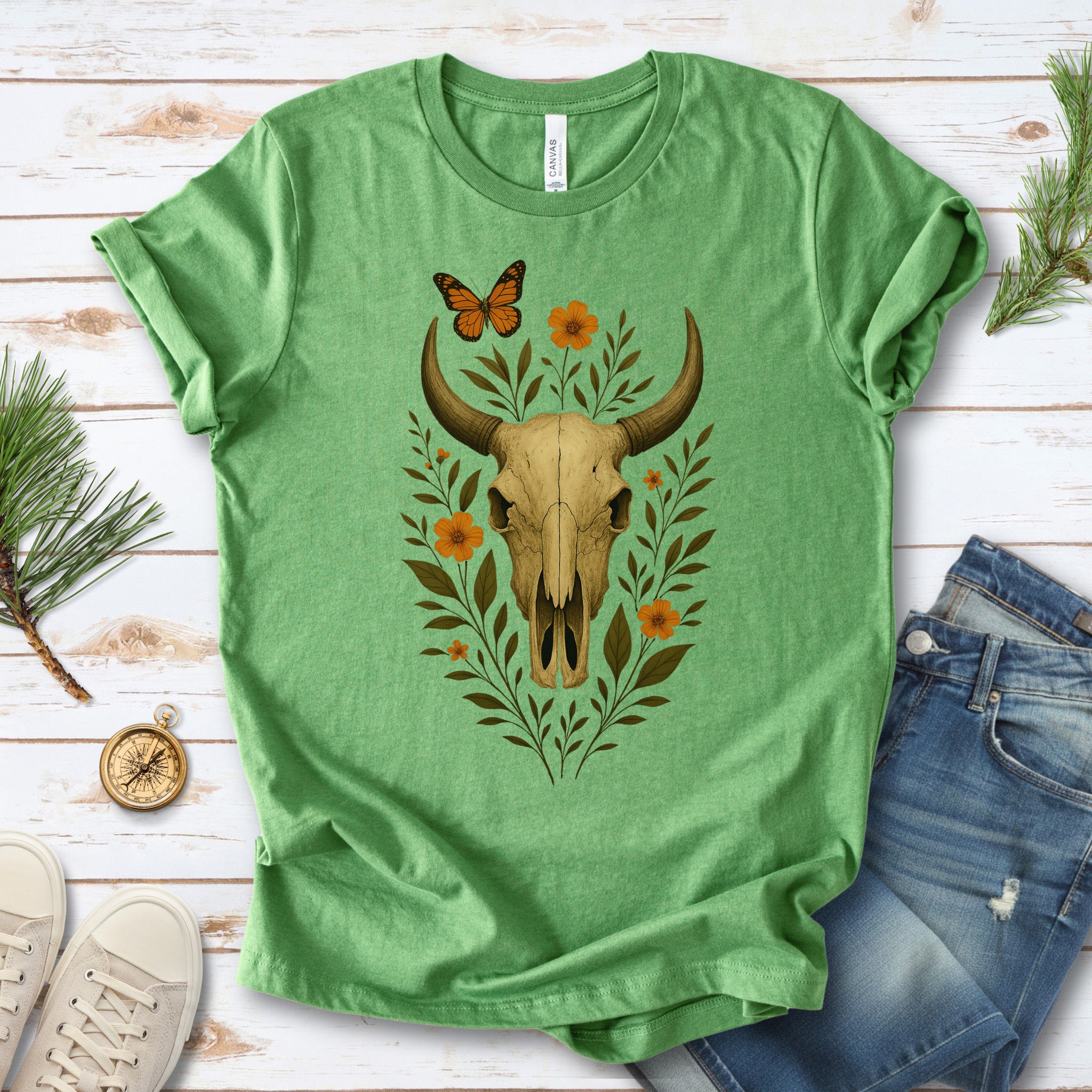 Western Bloom Skull T-Shirt – Floral Bull Skull & Butterfly Tee
