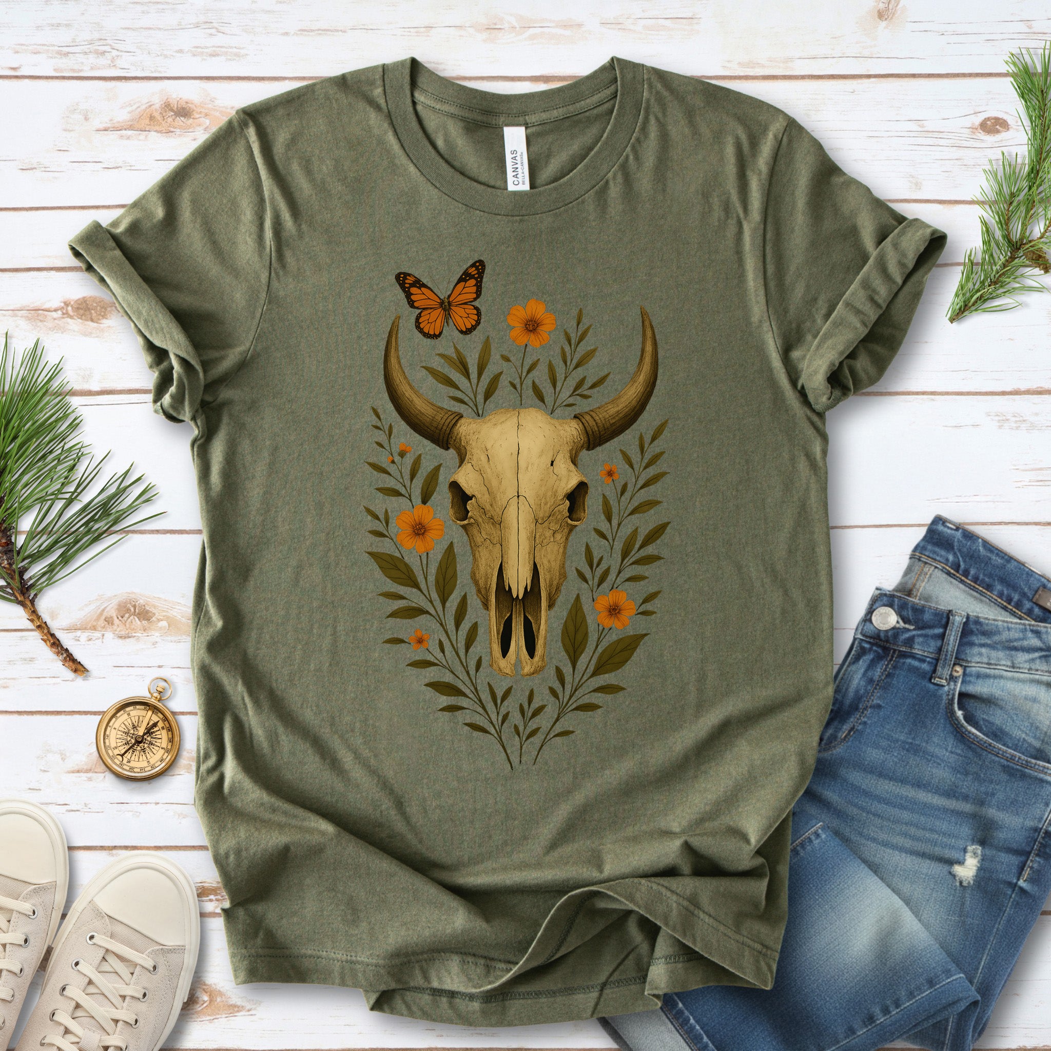 Western Bloom Skull T-Shirt – Floral Bull Skull & Butterfly Tee
