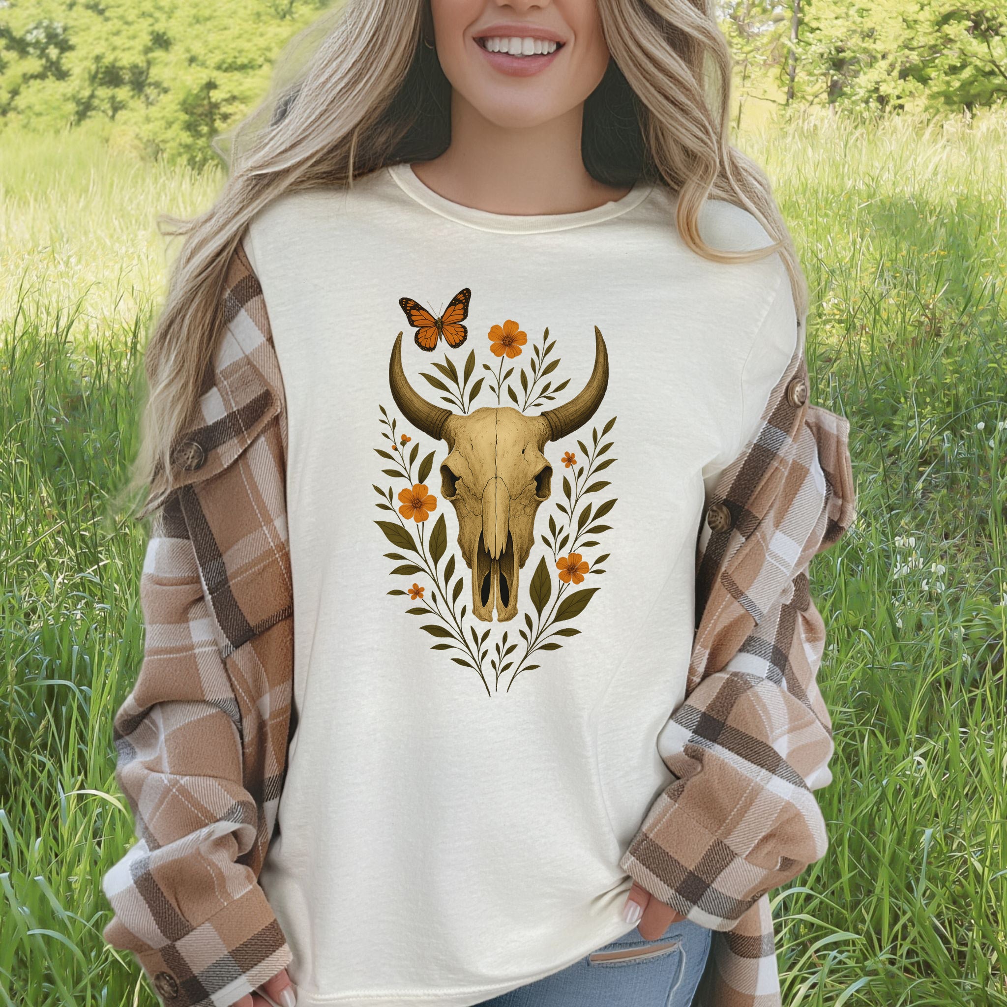 Western Bloom Skull T-Shirt – Floral Bull Skull & Butterfly Tee