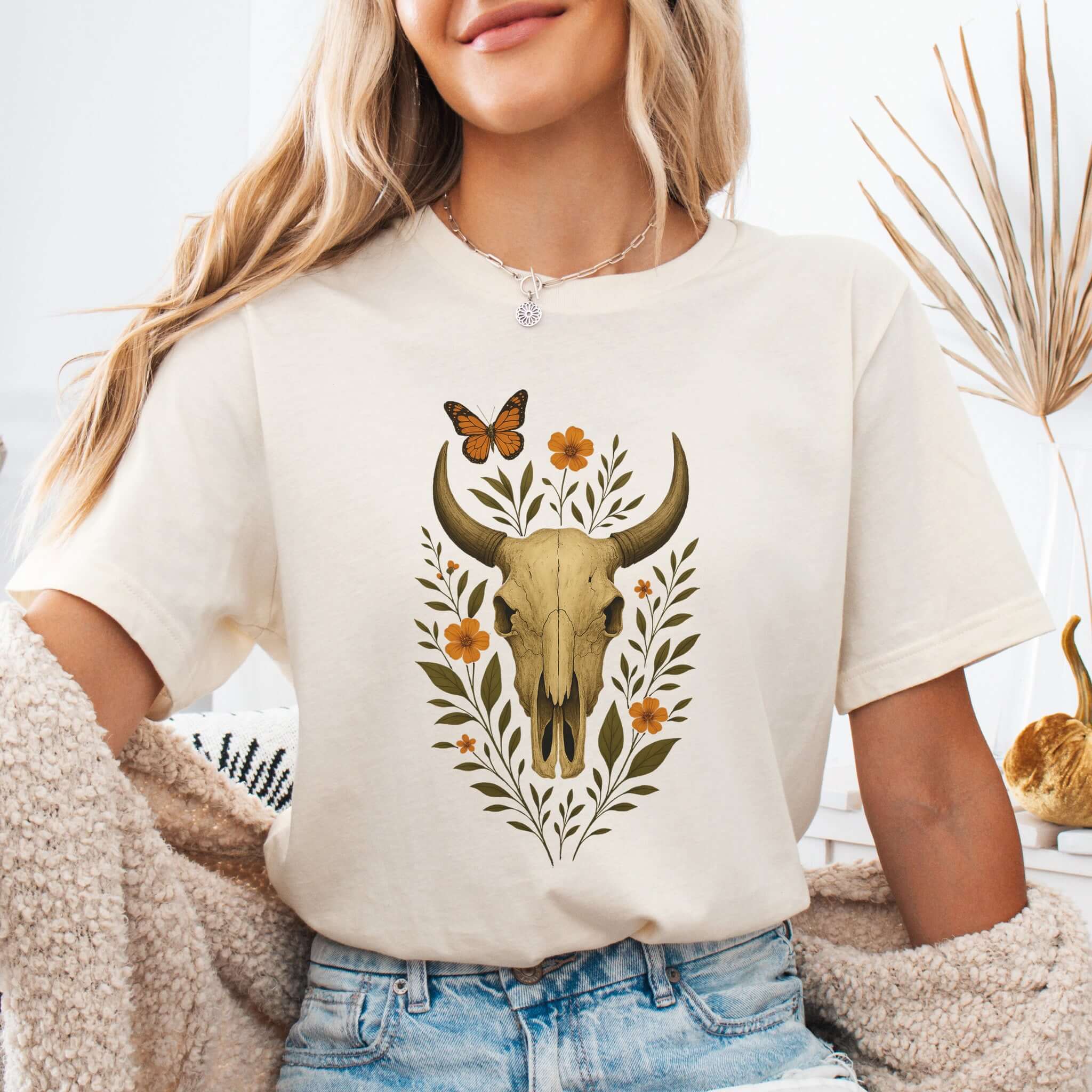 Western Bloom Skull T-Shirt – Floral Bull Skull & Butterfly Tee