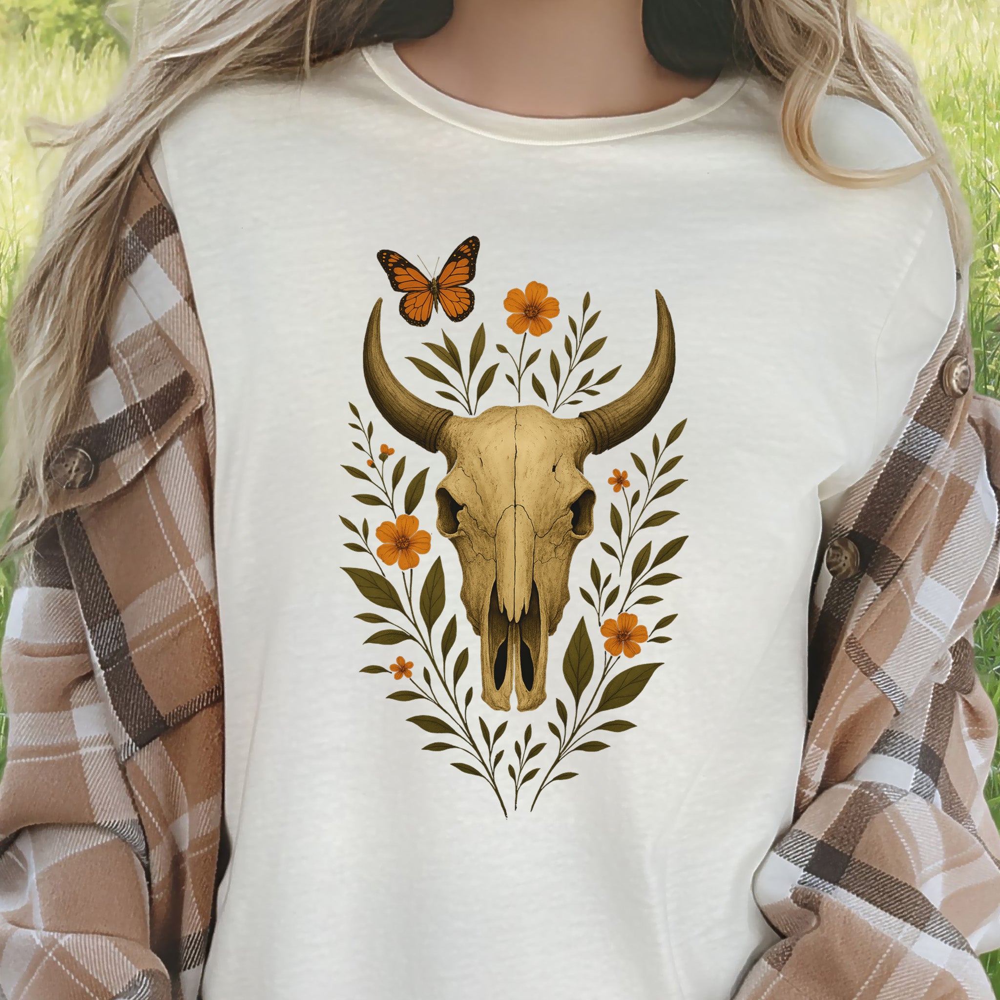 Western Bloom Skull T-Shirt – Floral Bull Skull & Butterfly Tee