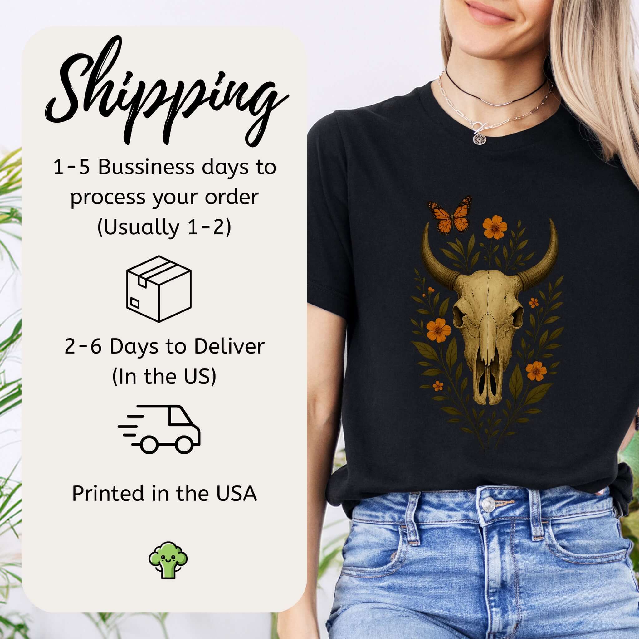 Western Bloom Skull T-Shirt – Floral Bull Skull & Butterfly Tee
