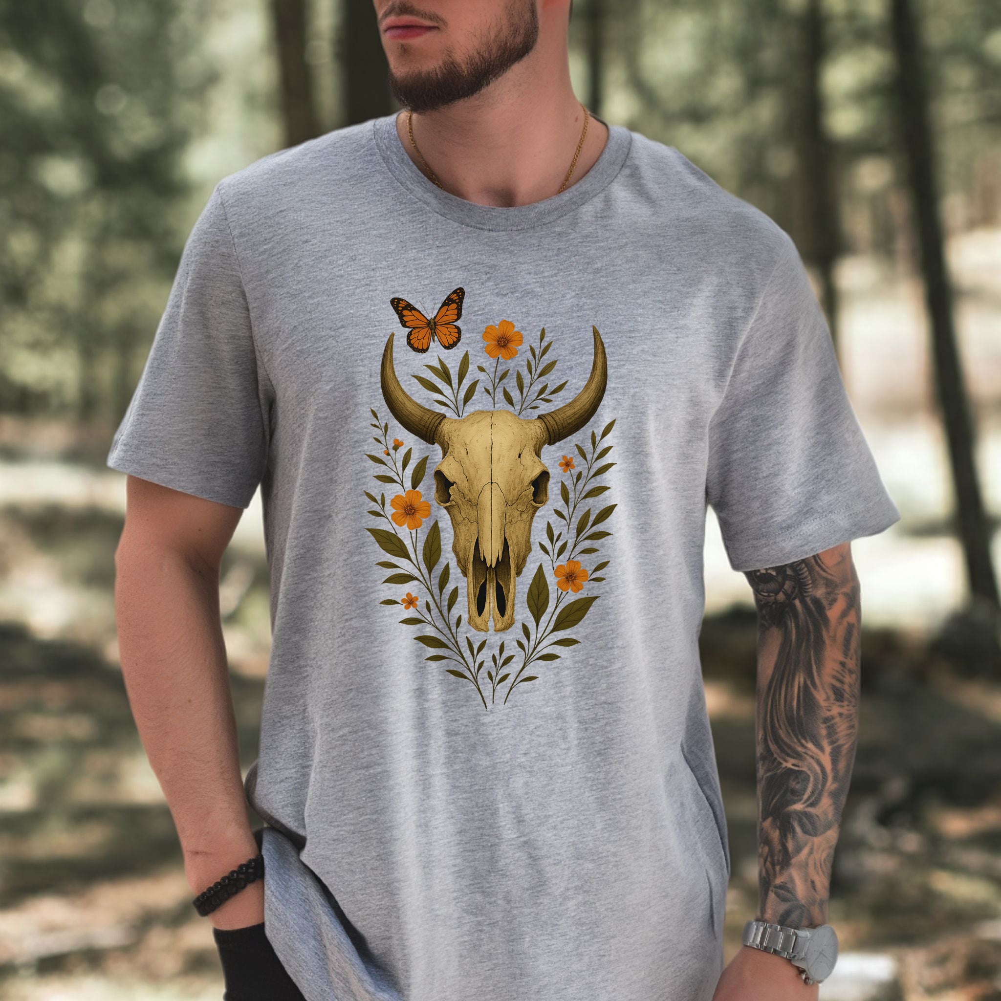 Western Bloom Skull T-Shirt – Floral Bull Skull & Butterfly Tee