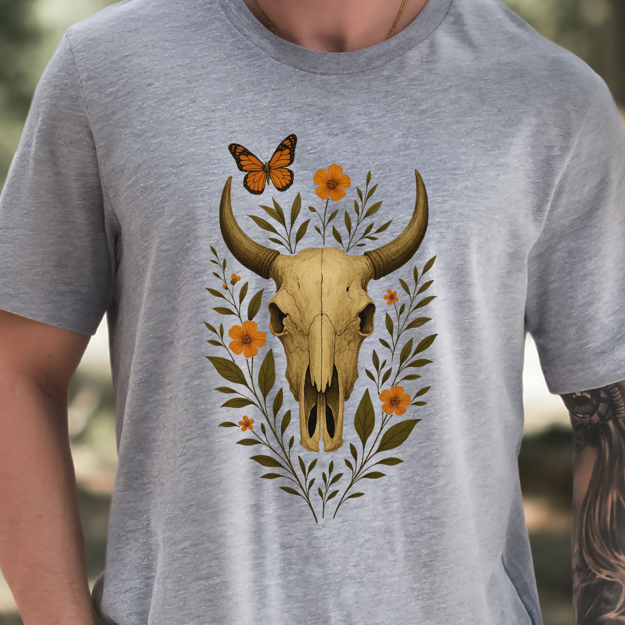 Western Bloom Skull T-Shirt – Floral Bull Skull & Butterfly Tee