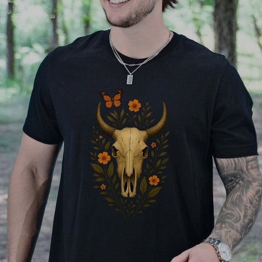 Western Bloom Skull T-Shirt – Floral Bull Skull & Butterfly Tee