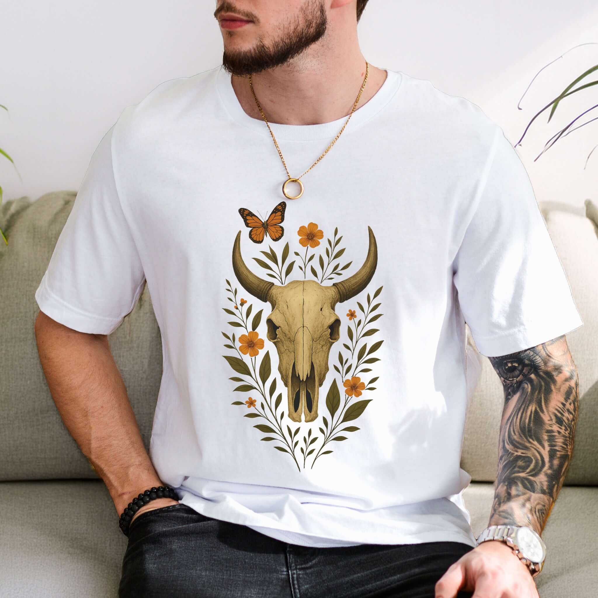 Western Bloom Skull T-Shirt – Floral Bull Skull & Butterfly Tee