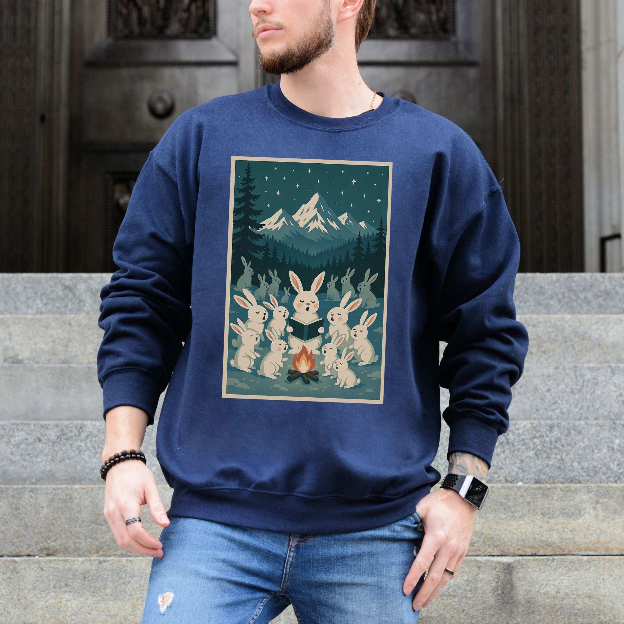 Bunny Choir Christmas Sweatshirt – Cute Campfire Carolers Vintage Vibes