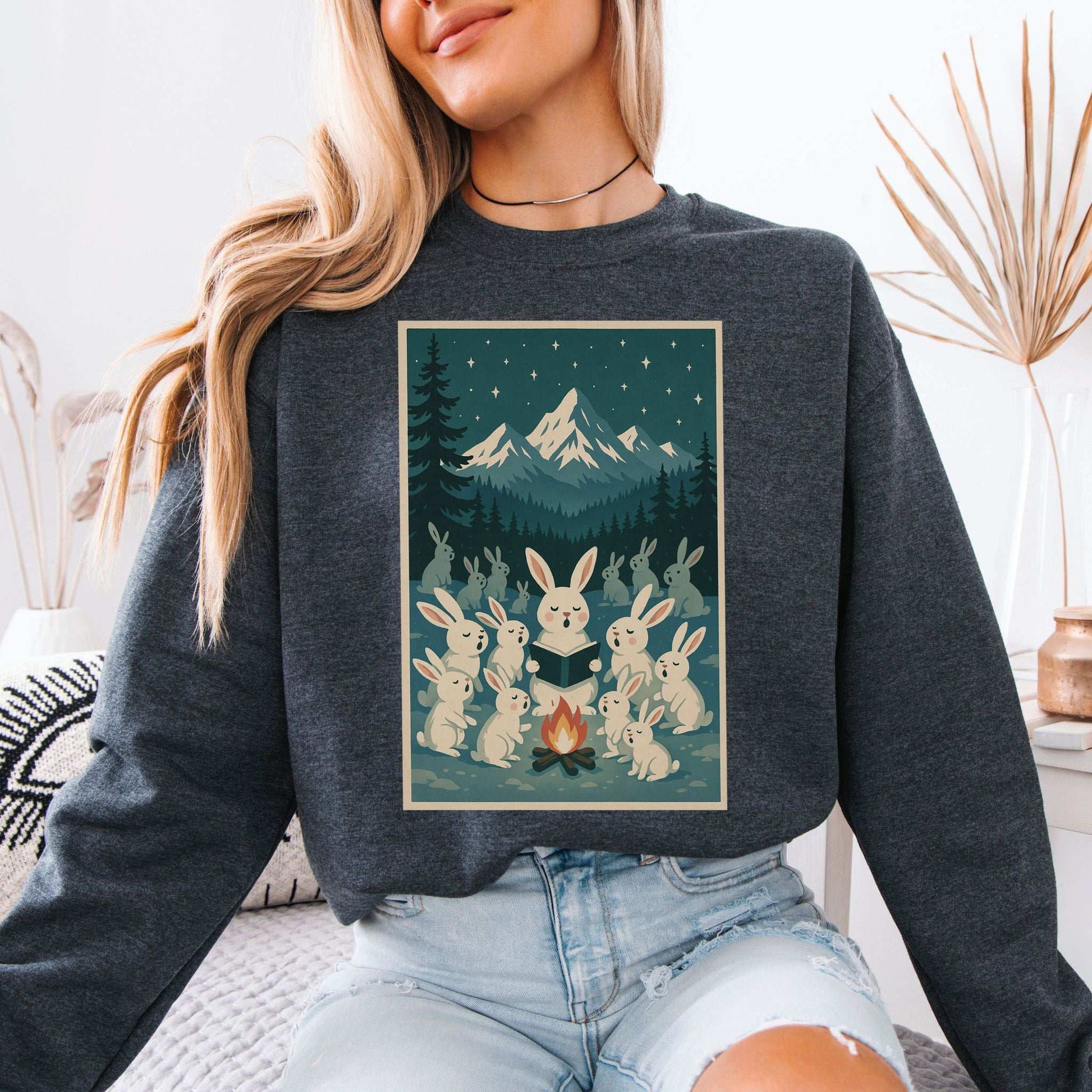 Bunny Choir Christmas Sweatshirt – Cute Campfire Carolers Vintage Vibes