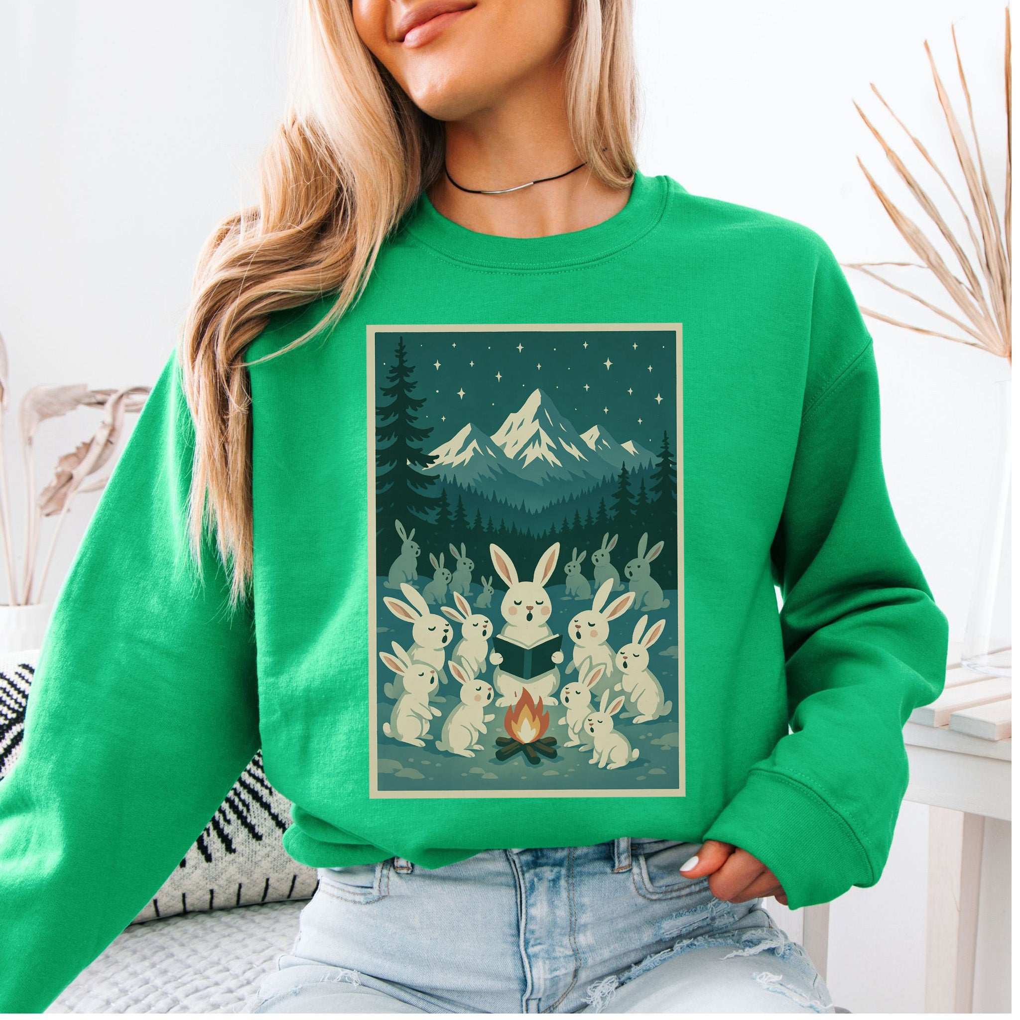 Bunny Choir Christmas Sweatshirt – Cute Campfire Carolers Vintage Vibes