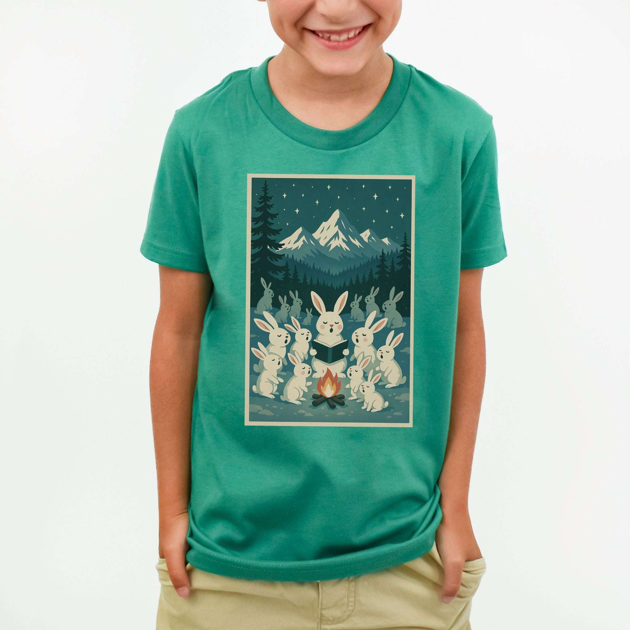 Bunny Choir Christmas Youth Tee – Cute Campfire Carolers Vintage Vibes