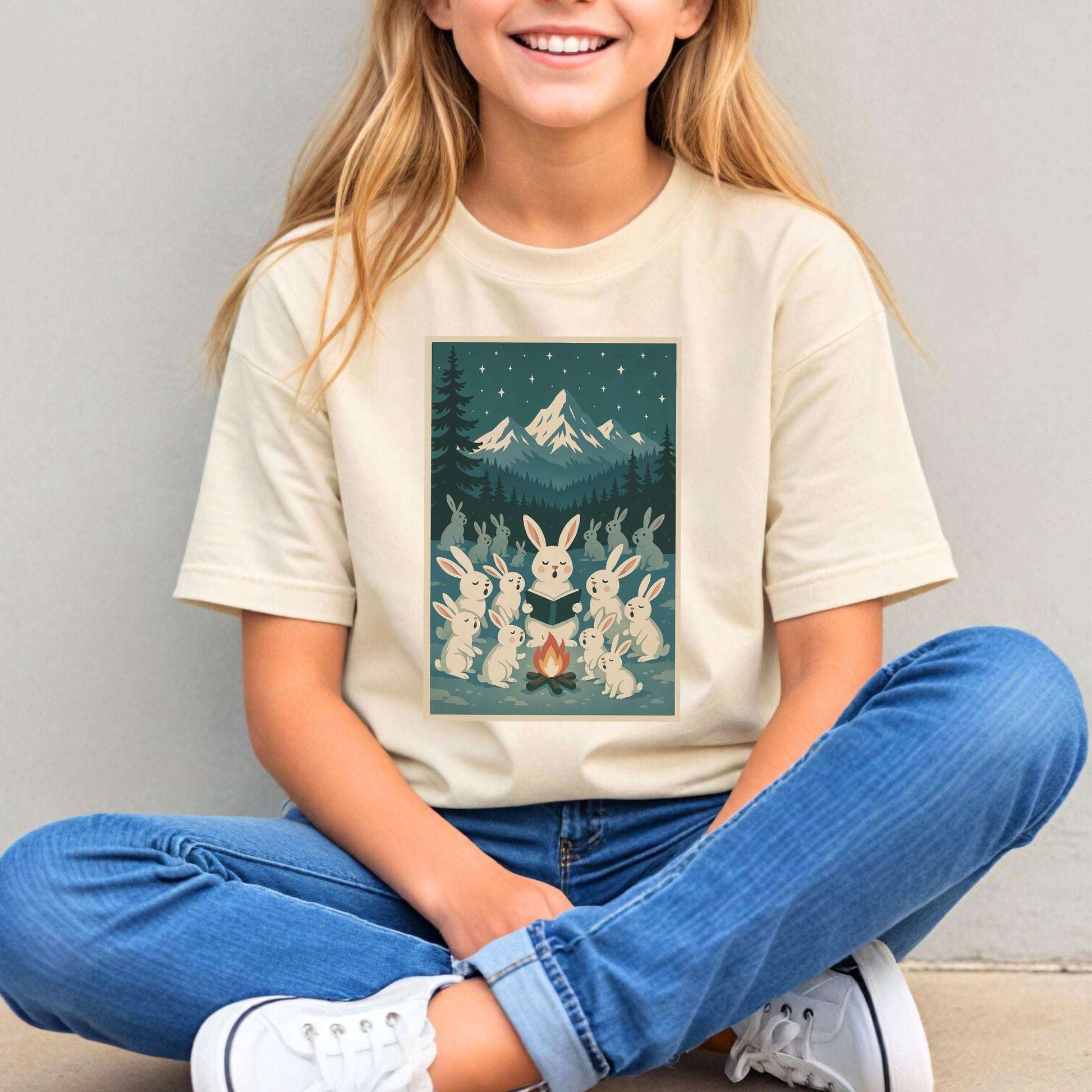 Bunny Choir Christmas Youth Tee – Cute Campfire Carolers Vintage Vibes
