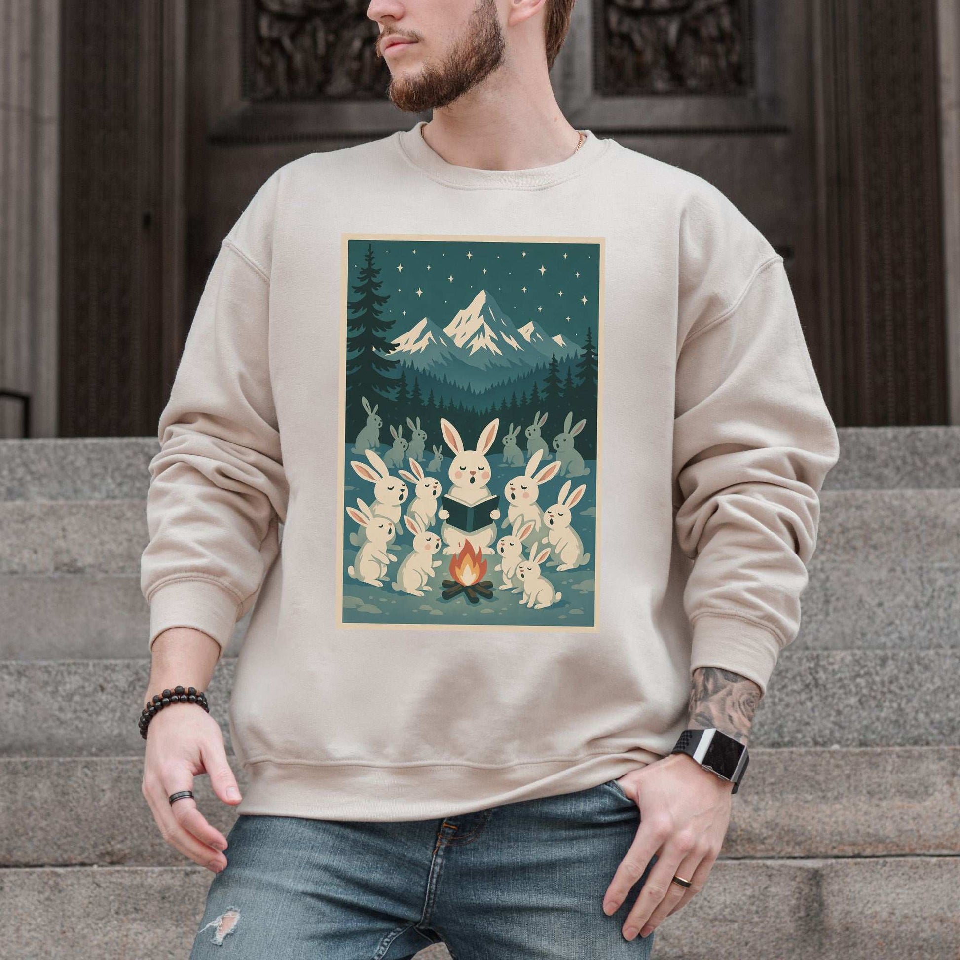 Bunny Choir Christmas Sweatshirt – Cute Campfire Carolers Vintage Vibes