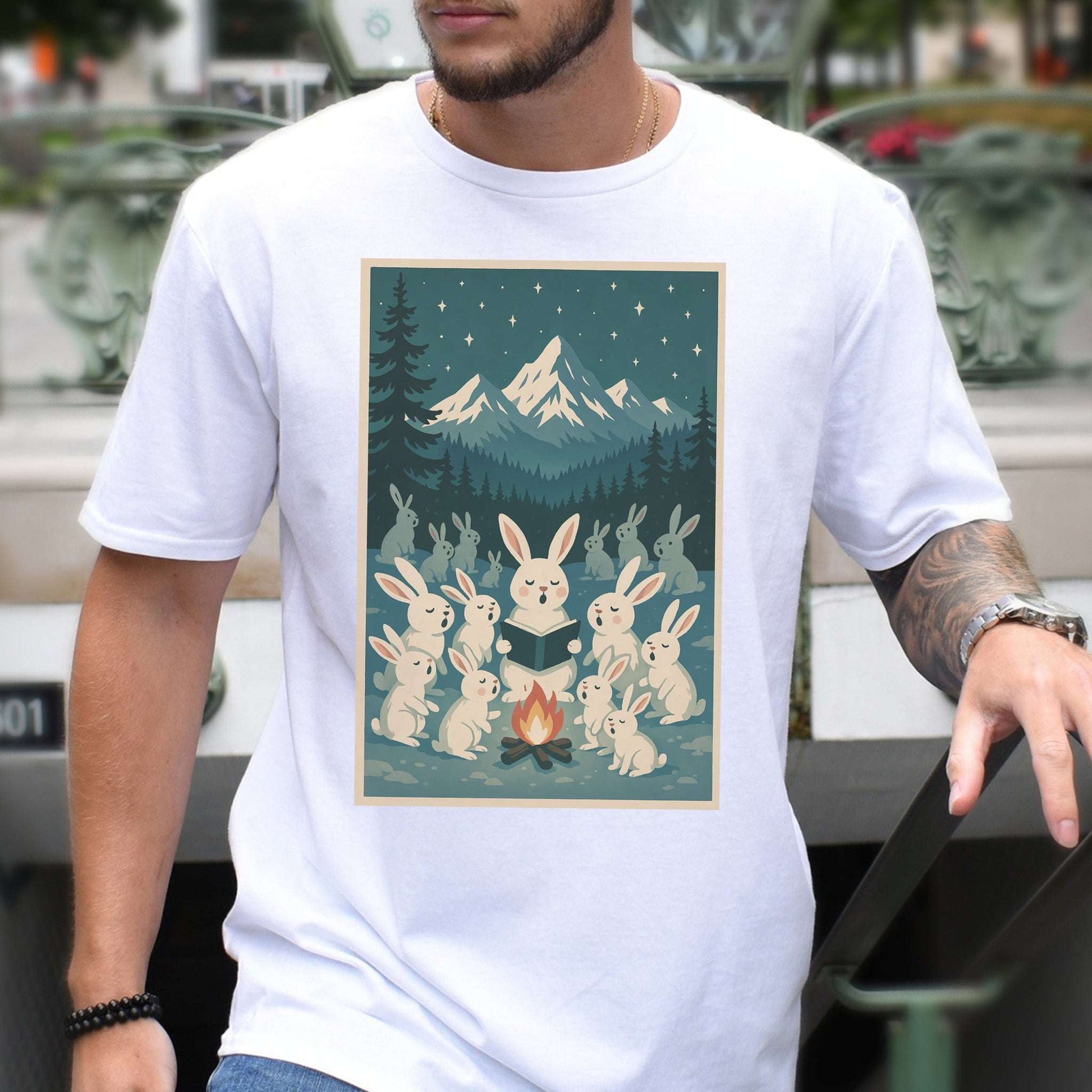Bunny Choir Christmas T-Shirt – Cute Campfire Carolers Vintage Vibes