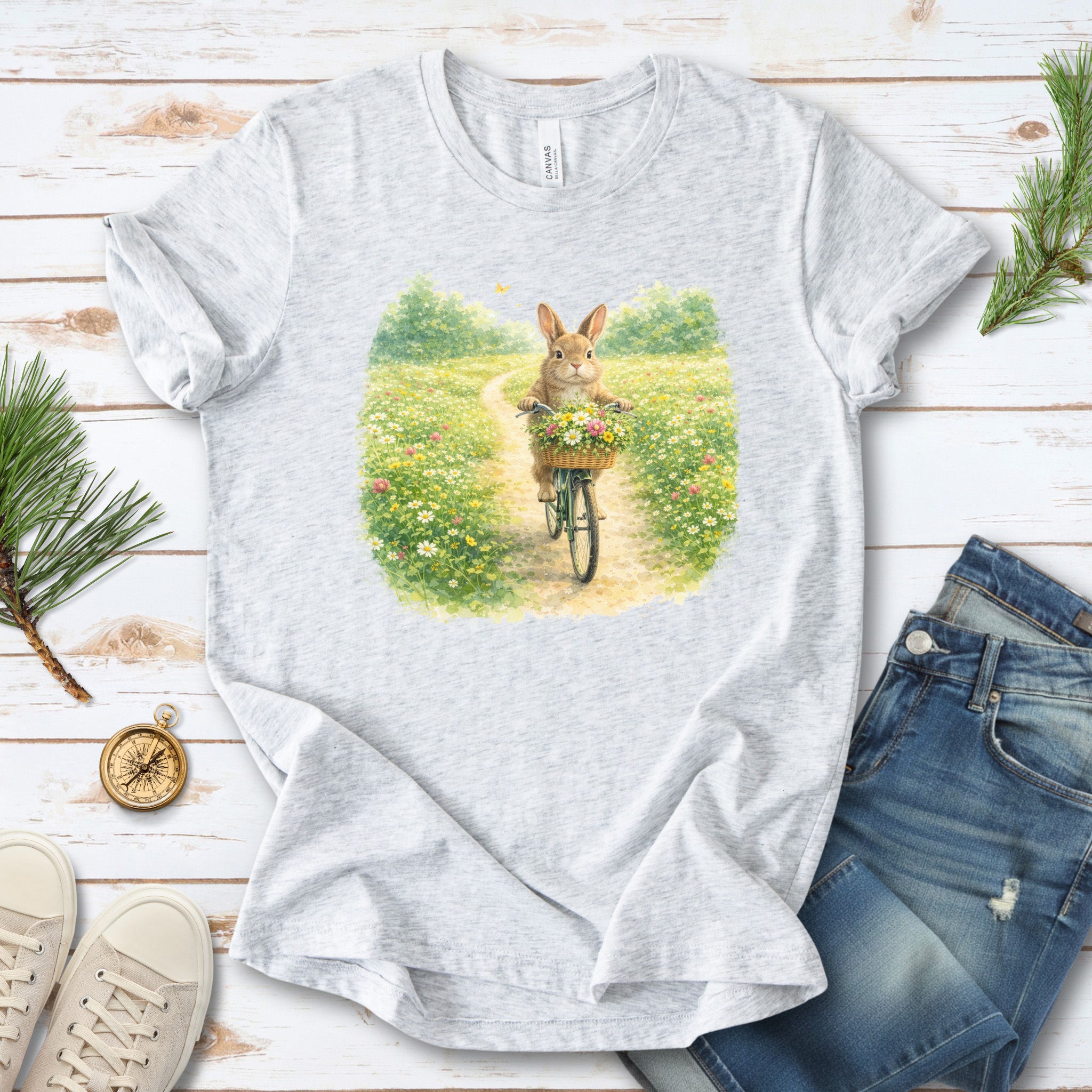 Bunny on a Bicycle T-Shirt Cute Floral Easter Rabbit Lover Gift Tee