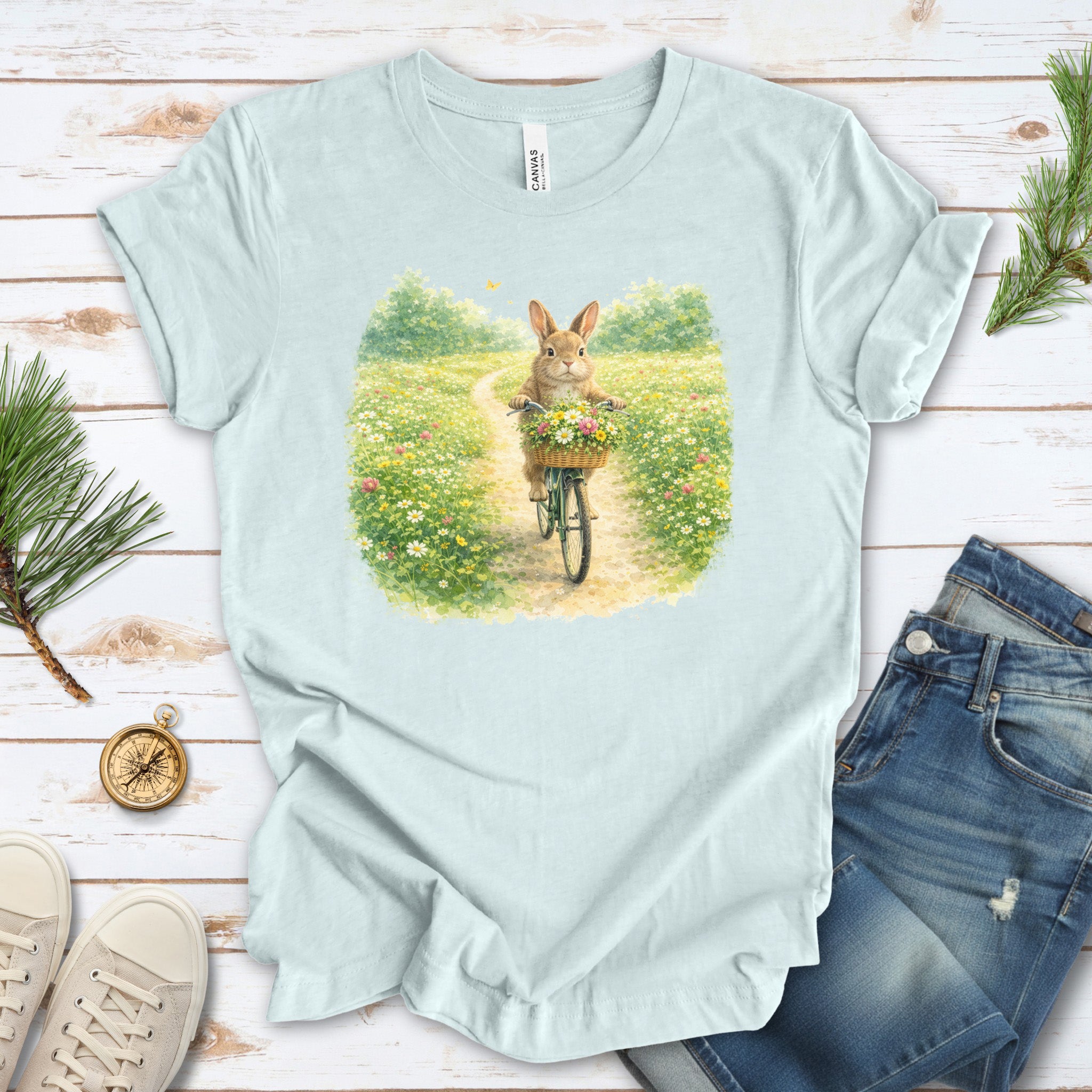 Bunny on a Bicycle T-Shirt Cute Floral Easter Rabbit Lover Gift Tee