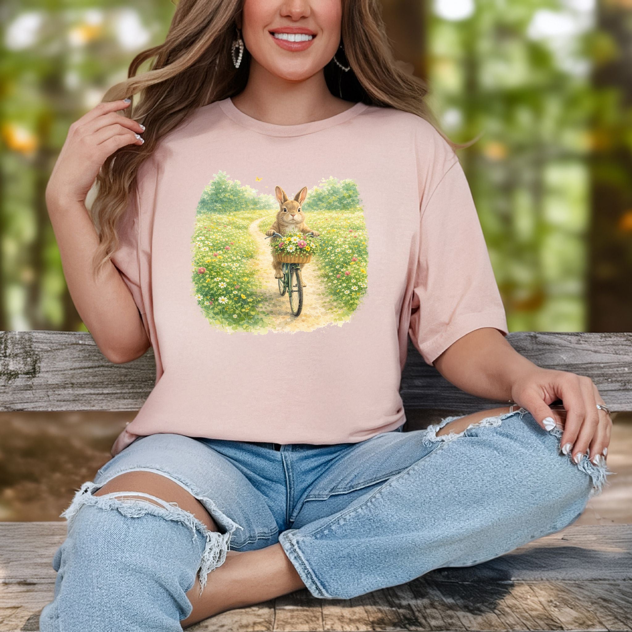 Bunny on a Bicycle T-Shirt Cute Floral Easter Rabbit Lover Gift Tee