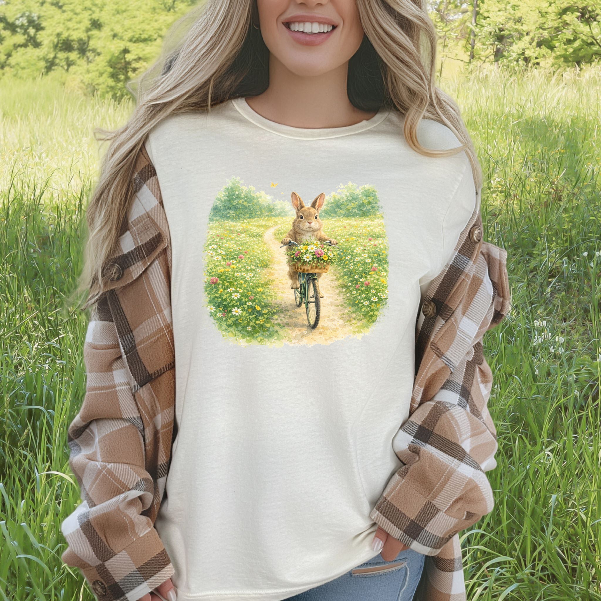 Bunny on a Bicycle T-Shirt Cute Floral Easter Rabbit Lover Gift Tee