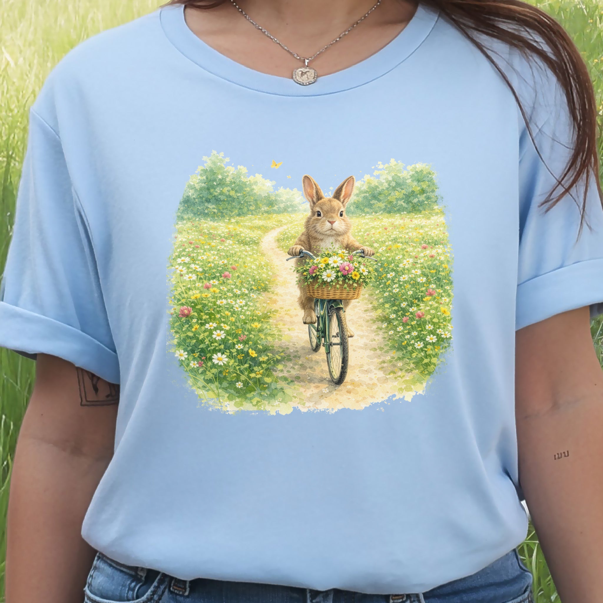 Bunny on a Bicycle T-Shirt Cute Floral Easter Rabbit Lover Gift Tee