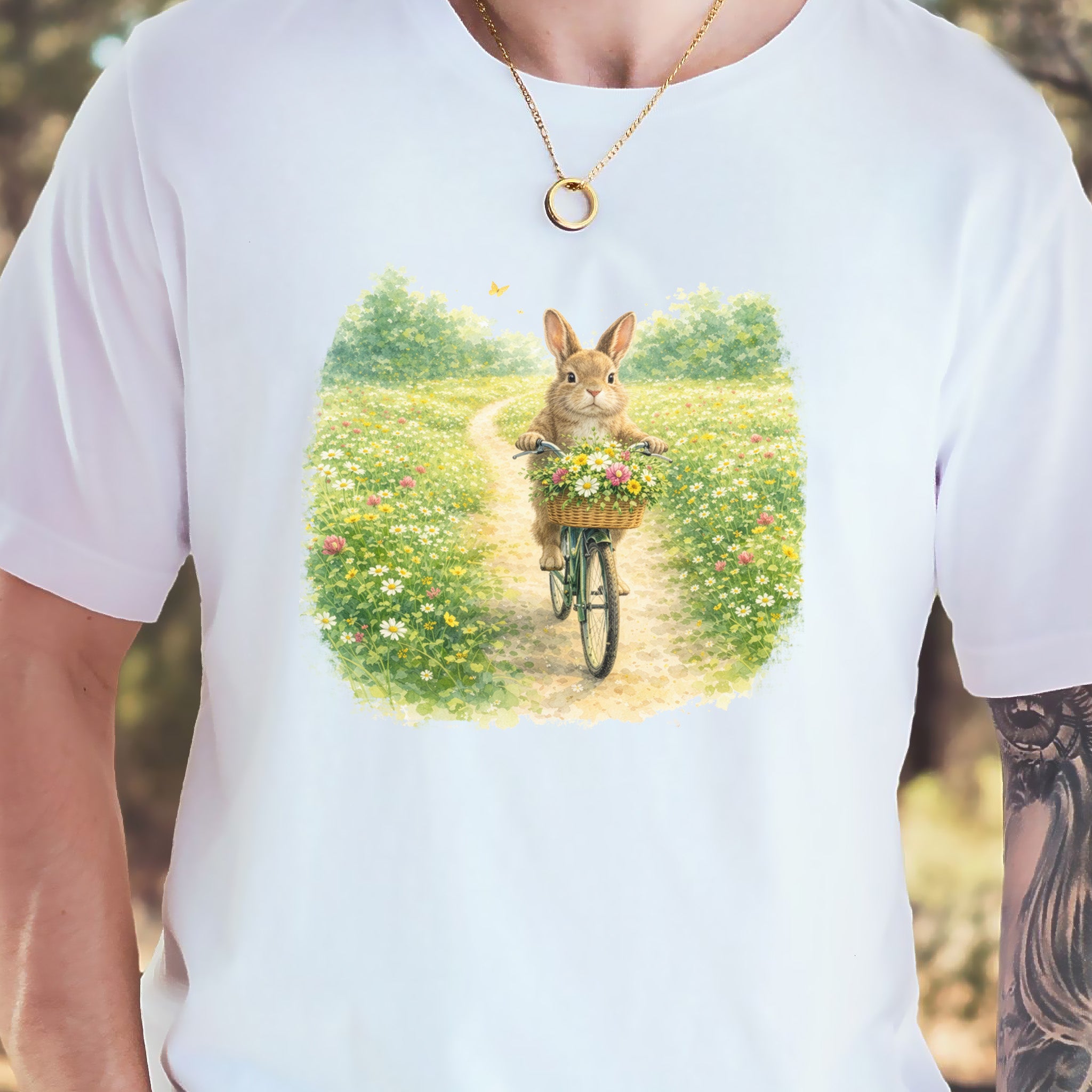 Bunny on a Bicycle T-Shirt Cute Floral Easter Rabbit Lover Gift Tee