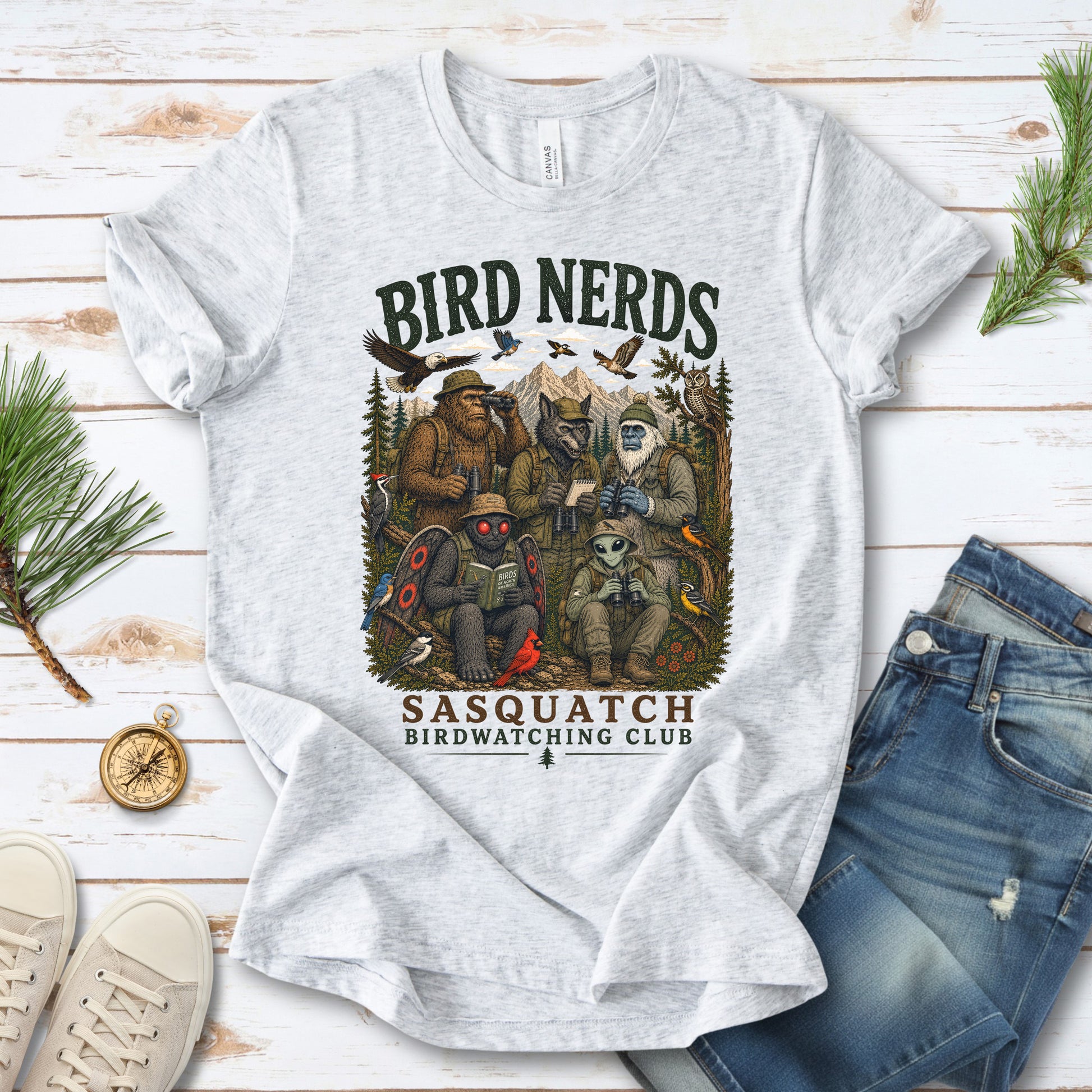 Cryptid Birdwatchers Club Sasquatch Bigfoot Mothman Bird Nerd Forest T-Shirt