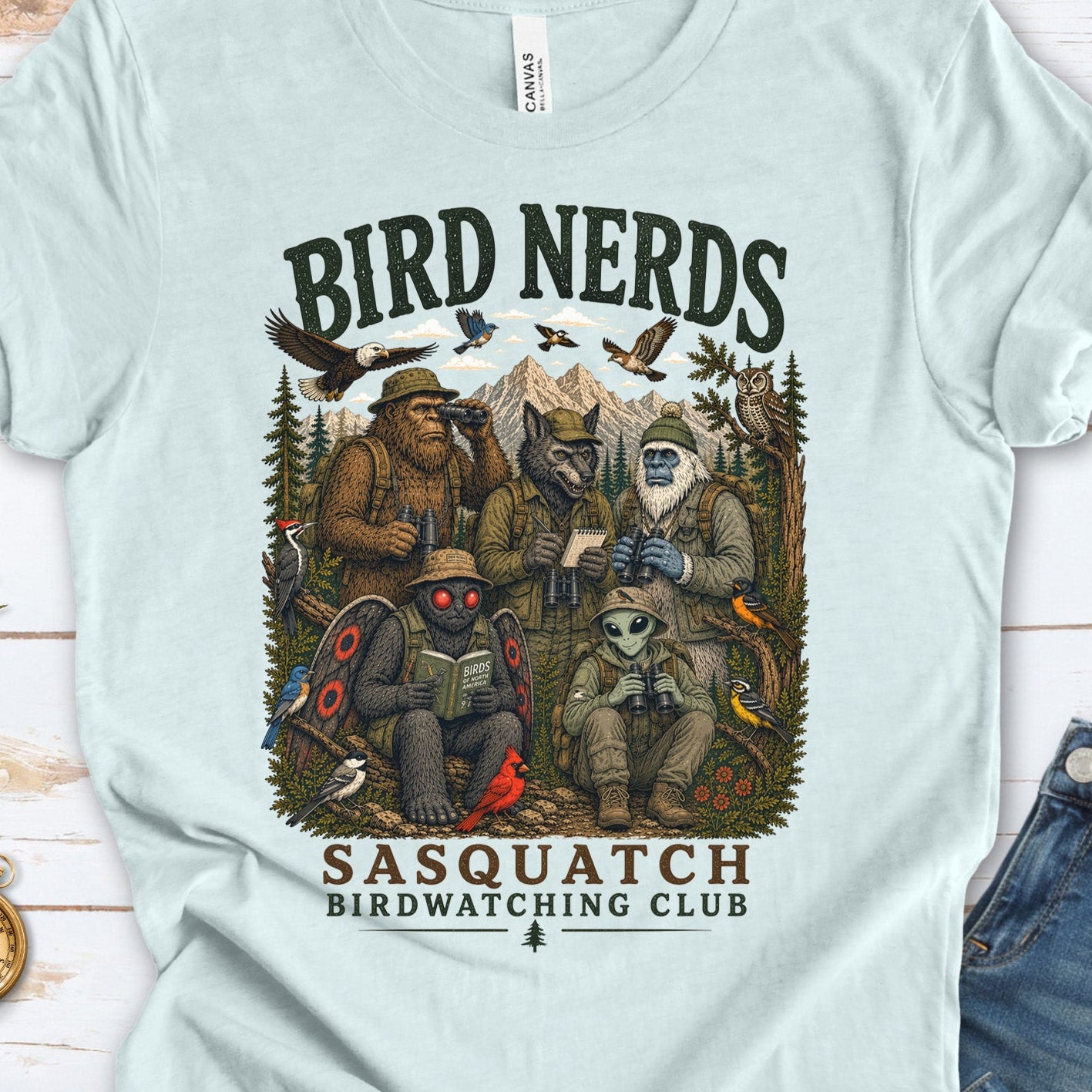 Cryptid Birdwatchers Club Sasquatch Bigfoot Mothman Bird Nerd Forest T-Shirt