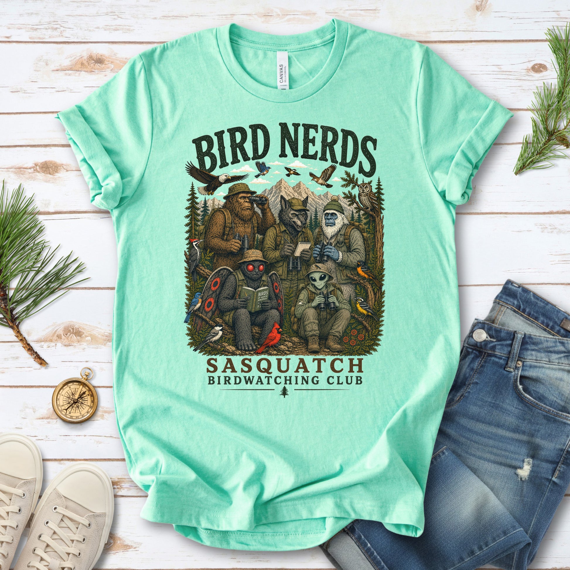 Cryptid Birdwatchers Club Sasquatch Bigfoot Mothman Bird Nerd Forest T-Shirt