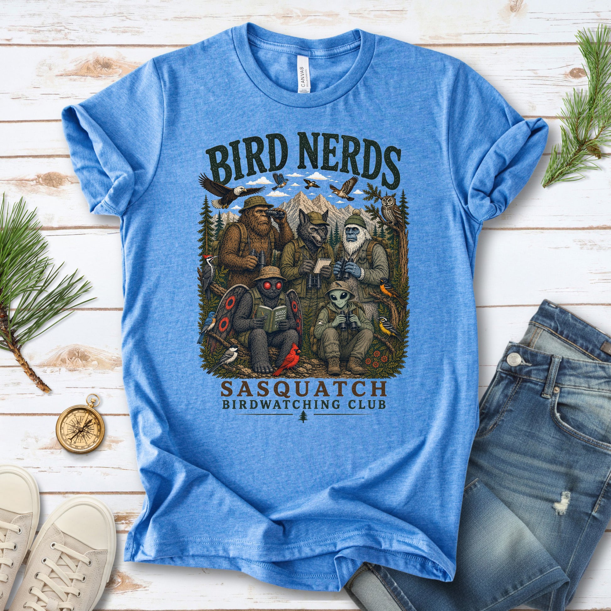 Cryptid Birdwatchers Club Sasquatch Bigfoot Mothman Bird Nerd Forest T-Shirt