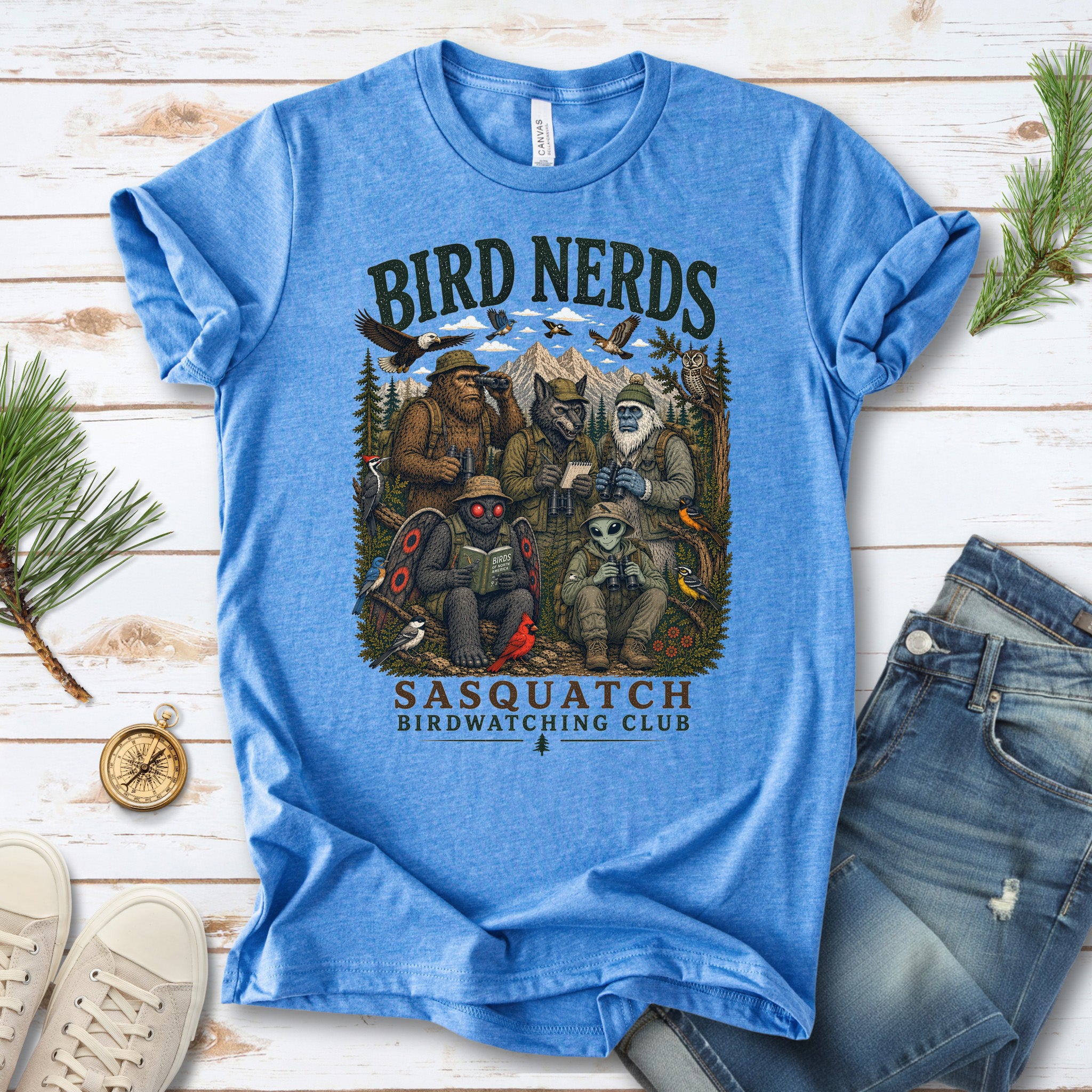 Cryptid Birdwatchers Club Sasquatch Bigfoot Mothman Bird Nerd Forest T-Shirt