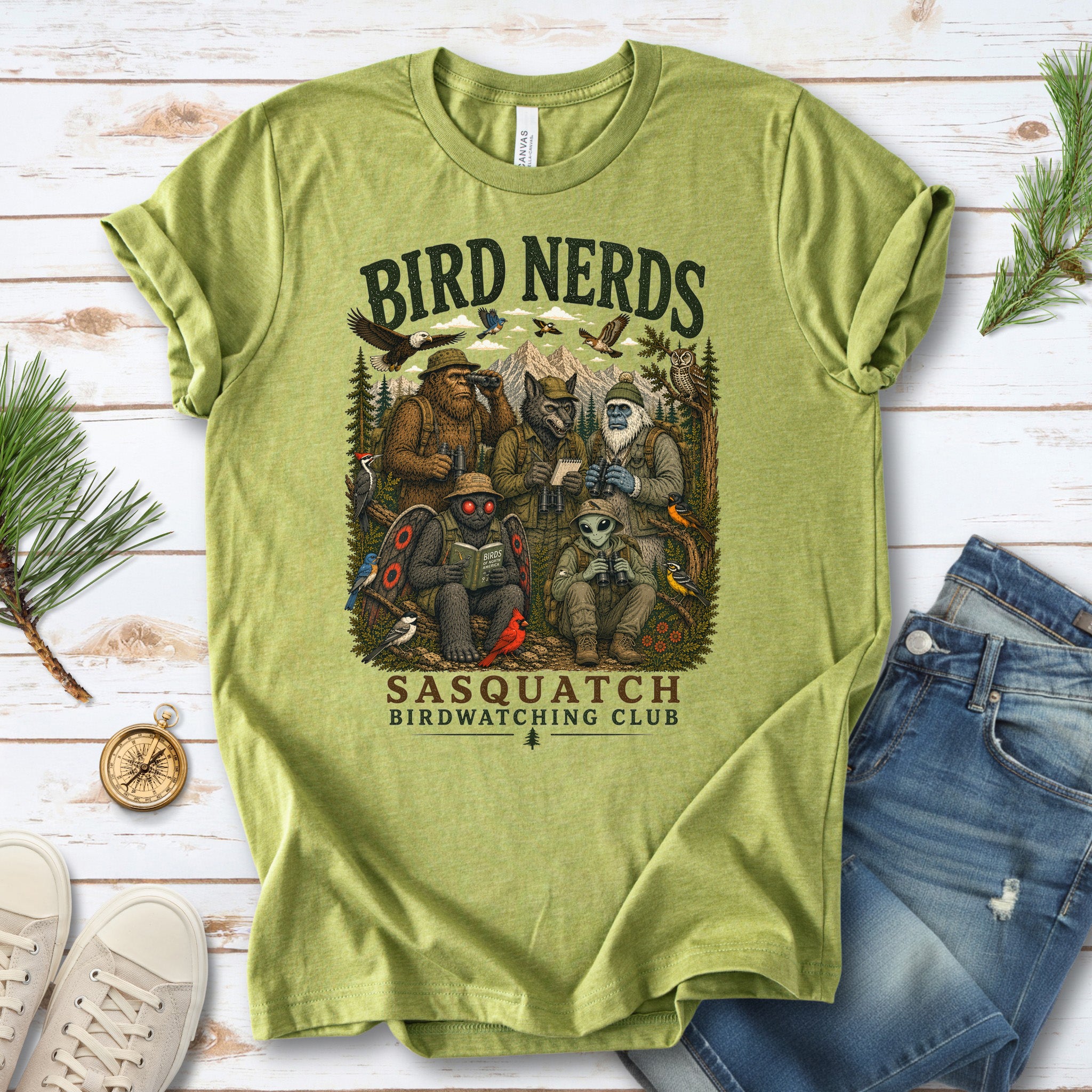 Cryptid Birdwatchers Club Sasquatch Bigfoot Mothman Bird Nerd Forest T-Shirt