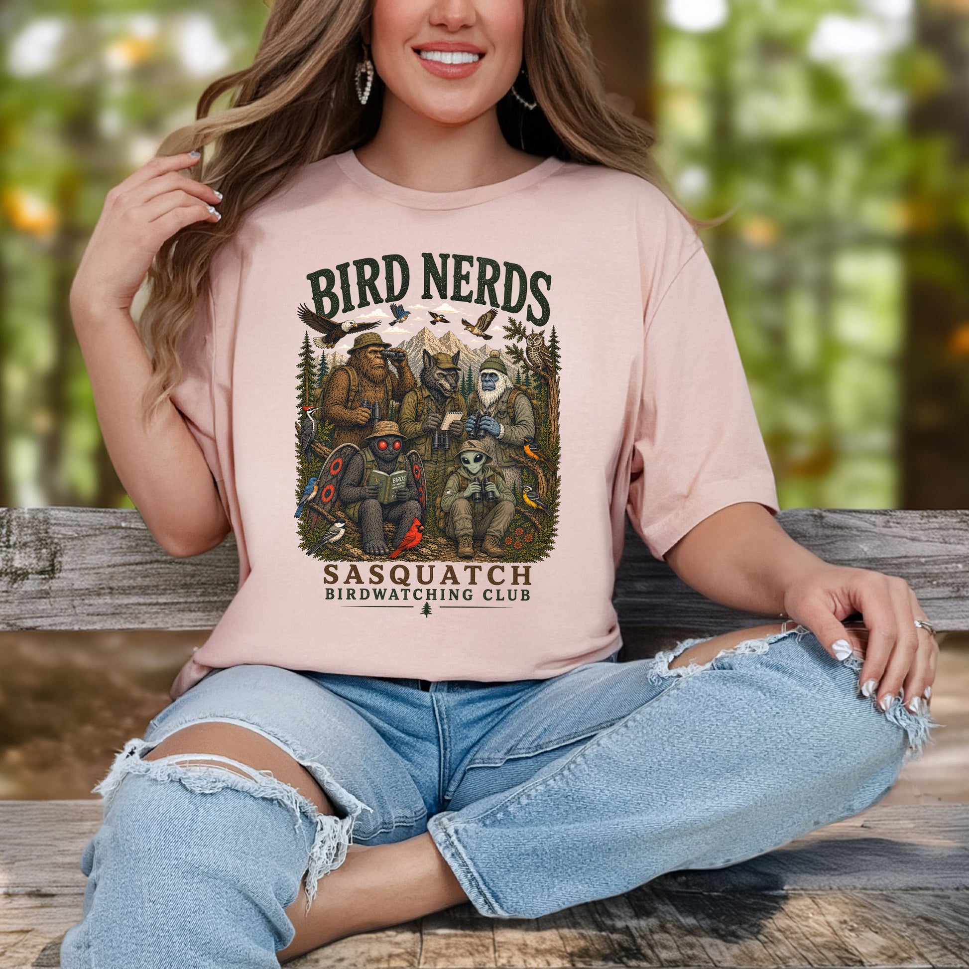 Cryptid Birdwatchers Club Sasquatch Bigfoot Mothman Bird Nerd Forest T-Shirt
