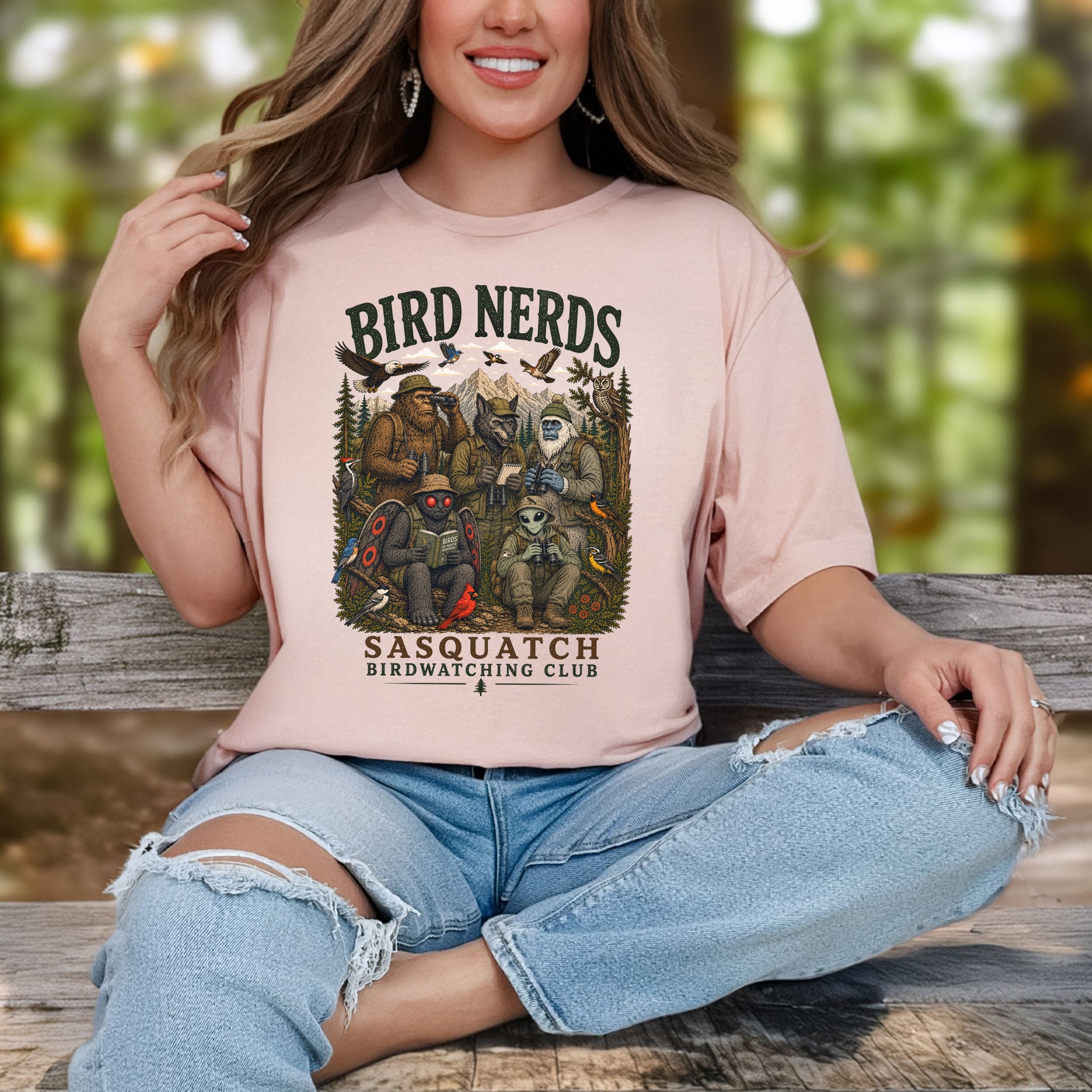 Cryptid Birdwatchers Club Sasquatch Bigfoot Mothman Bird Nerd Forest T-Shirt