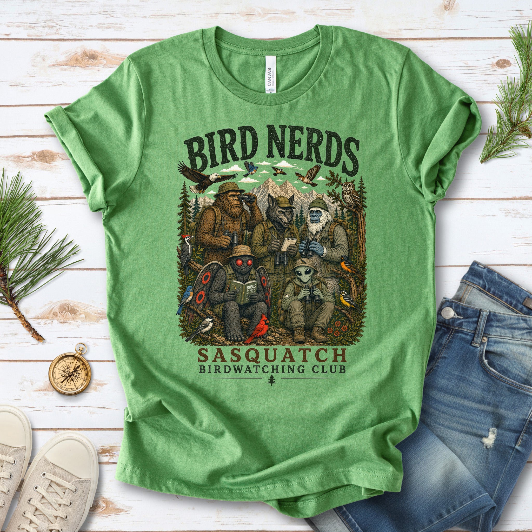 Cryptid Birdwatchers Club Sasquatch Bigfoot Mothman Bird Nerd Forest T-Shirt