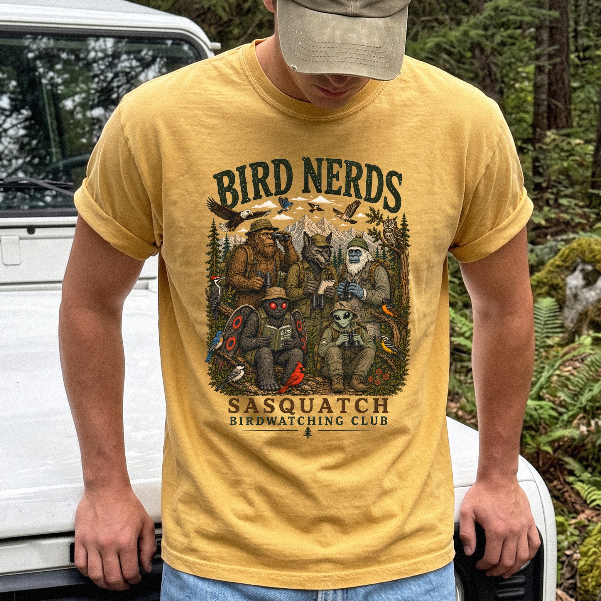 Cryptid Birdwatchers Club Comfort Colors Shirt – Bigfoot & Mothman Tee
