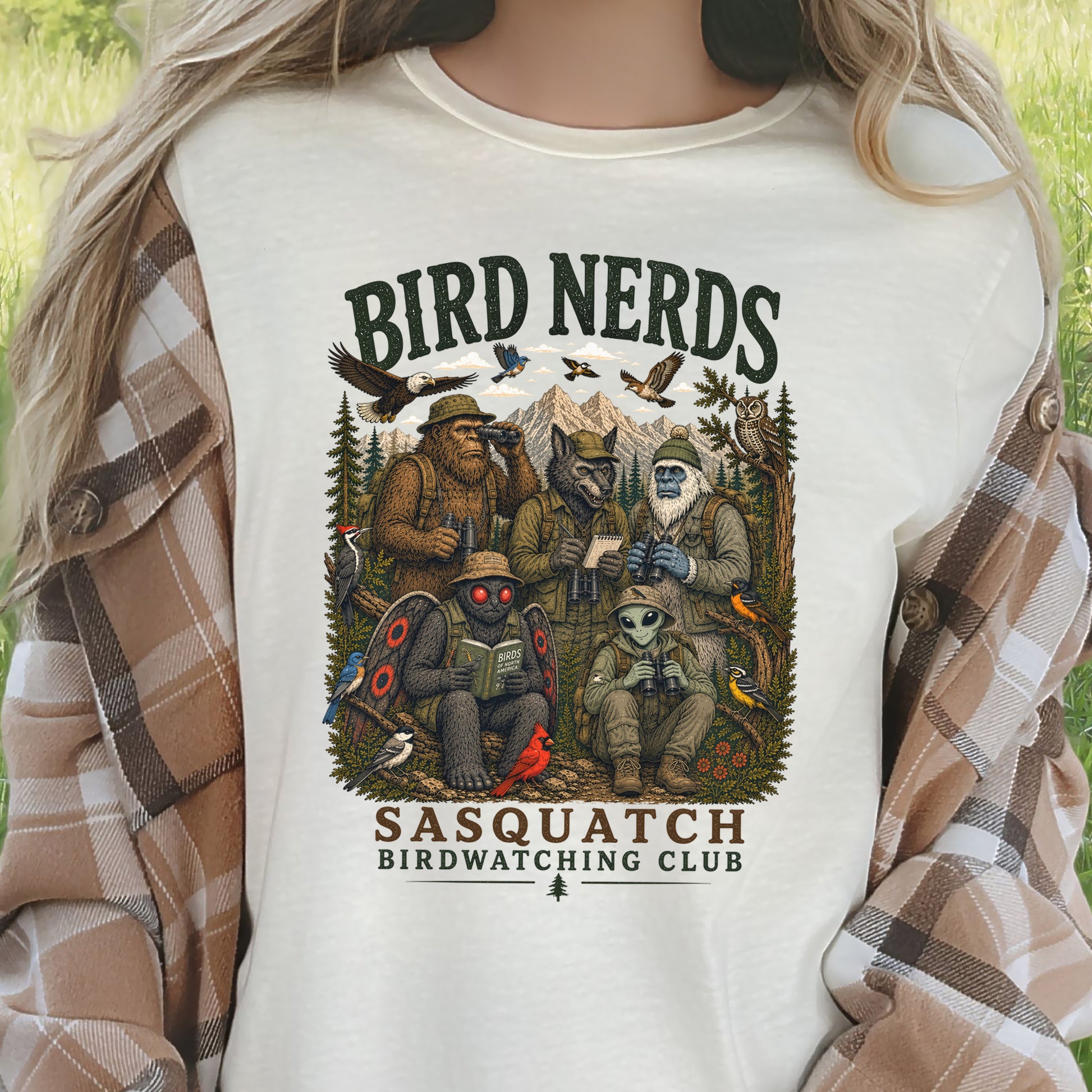 Cryptid Birdwatchers Club Sasquatch Bigfoot Mothman Bird Nerd Forest T-Shirt