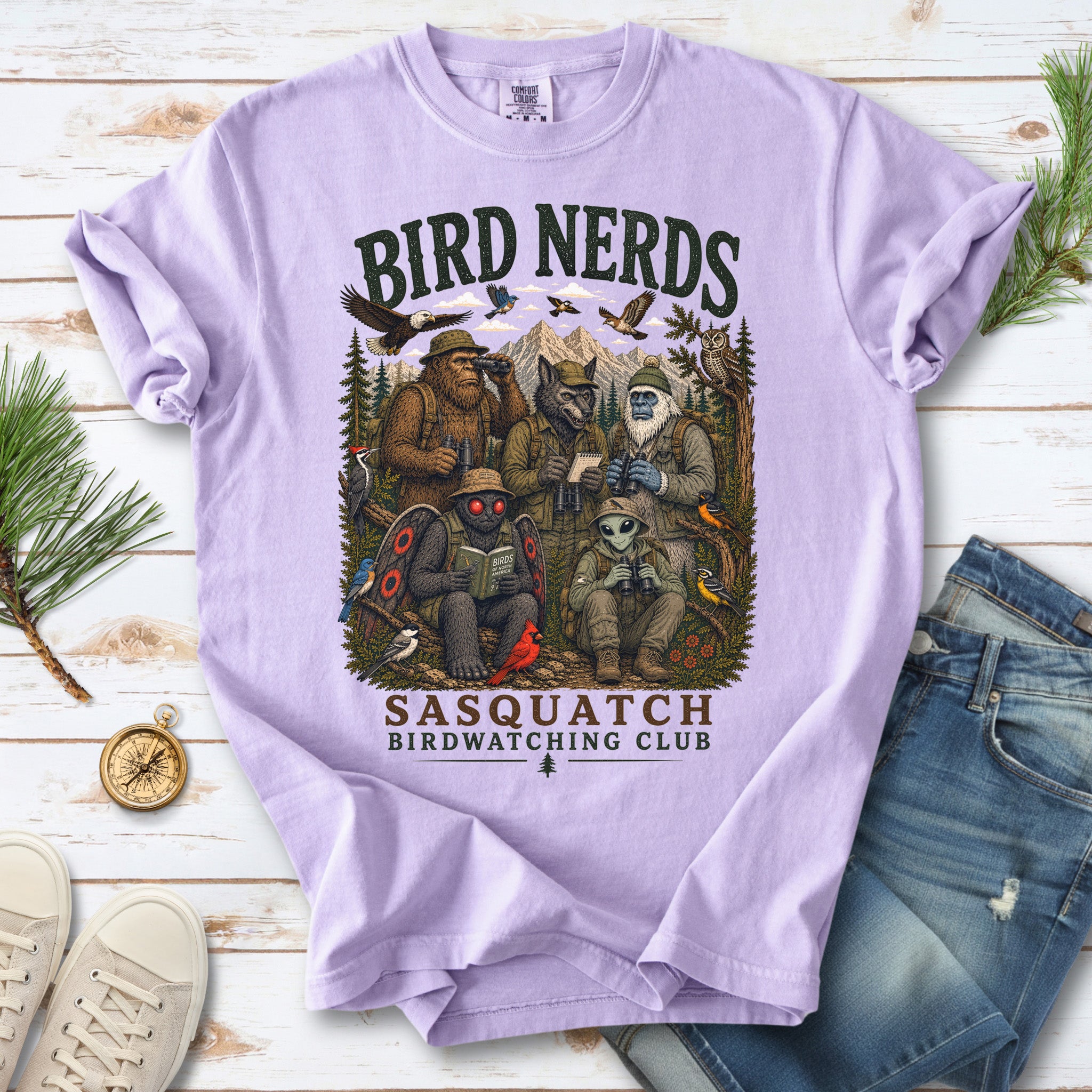 Cryptid Birdwatchers Club Comfort Colors Shirt – Bigfoot & Mothman Tee