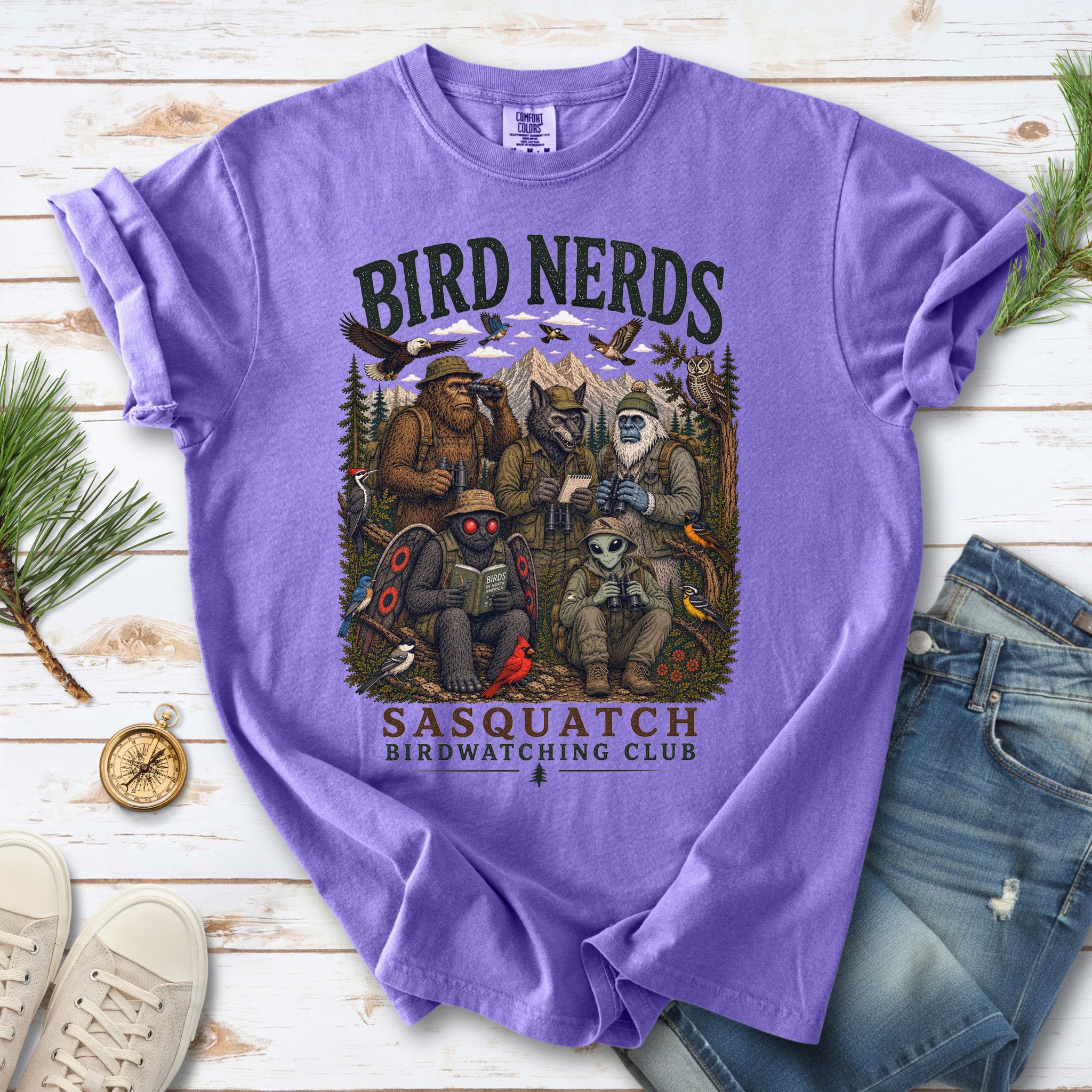 Cryptid Birdwatchers Club Comfort Colors Shirt – Bigfoot & Mothman Tee