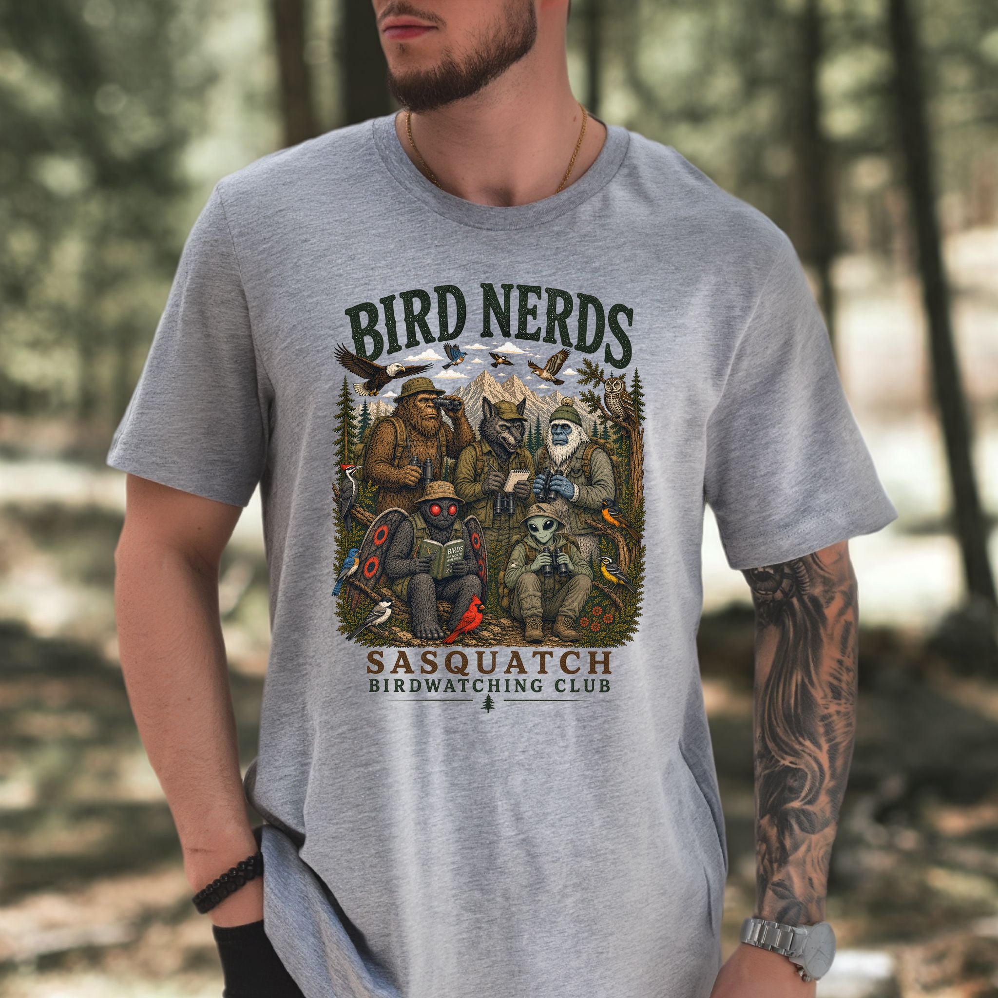 Cryptid Birdwatchers Club Sasquatch Bigfoot Mothman Bird Nerd Forest T-Shirt