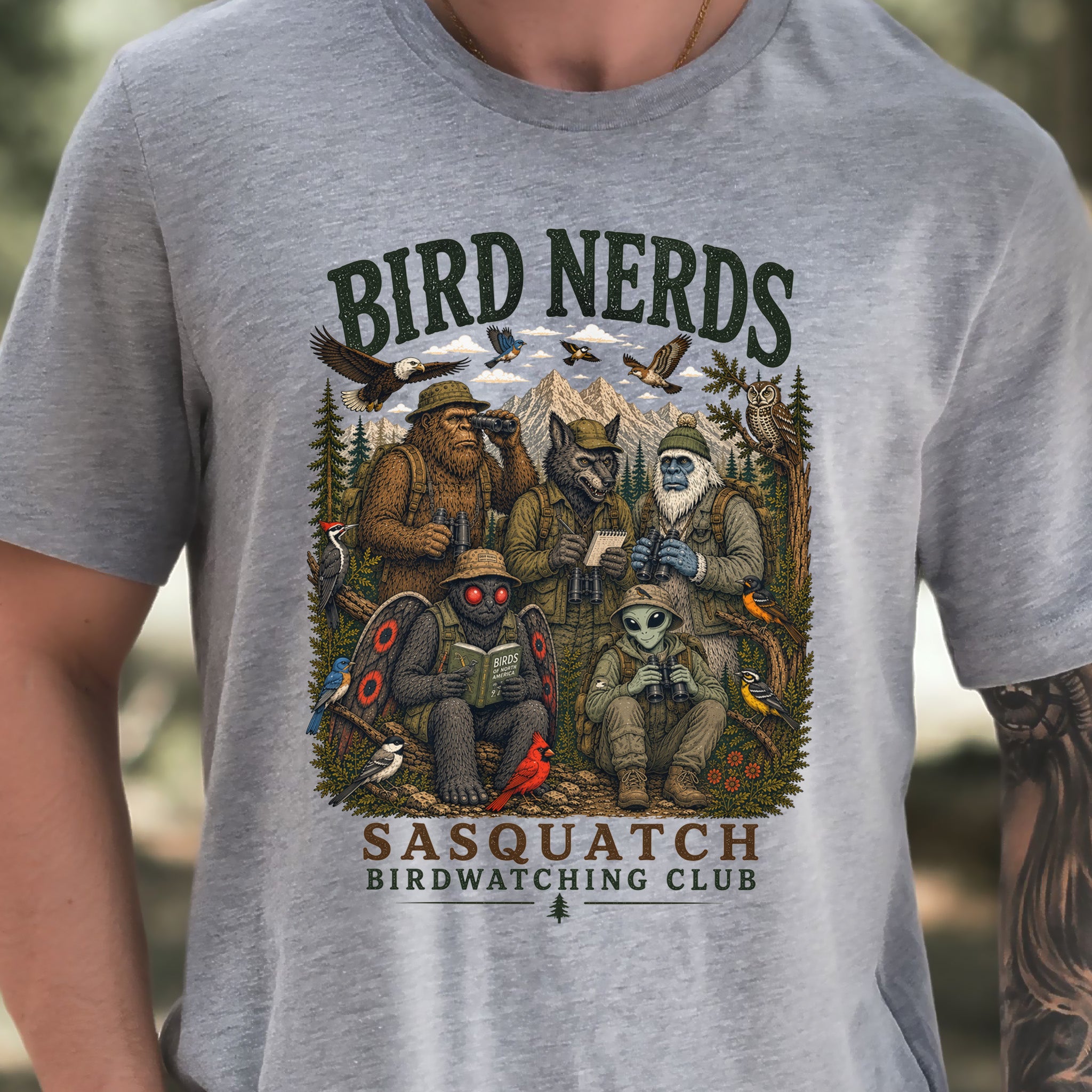 Cryptid Birdwatchers Club Sasquatch Bigfoot Mothman Bird Nerd Forest T-Shirt