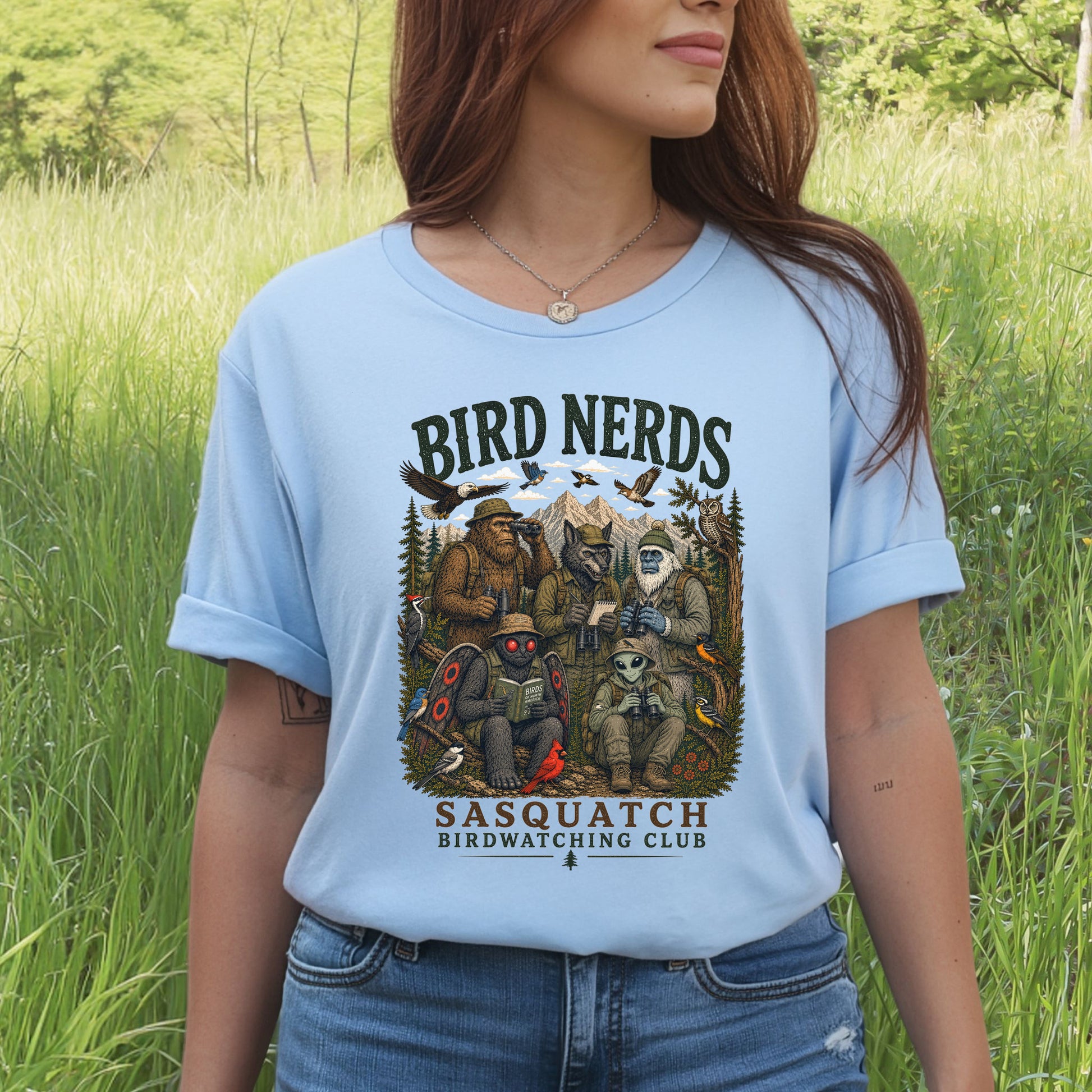 Cryptid Birdwatchers Club Sasquatch Bigfoot Mothman Bird Nerd Forest T-Shirt