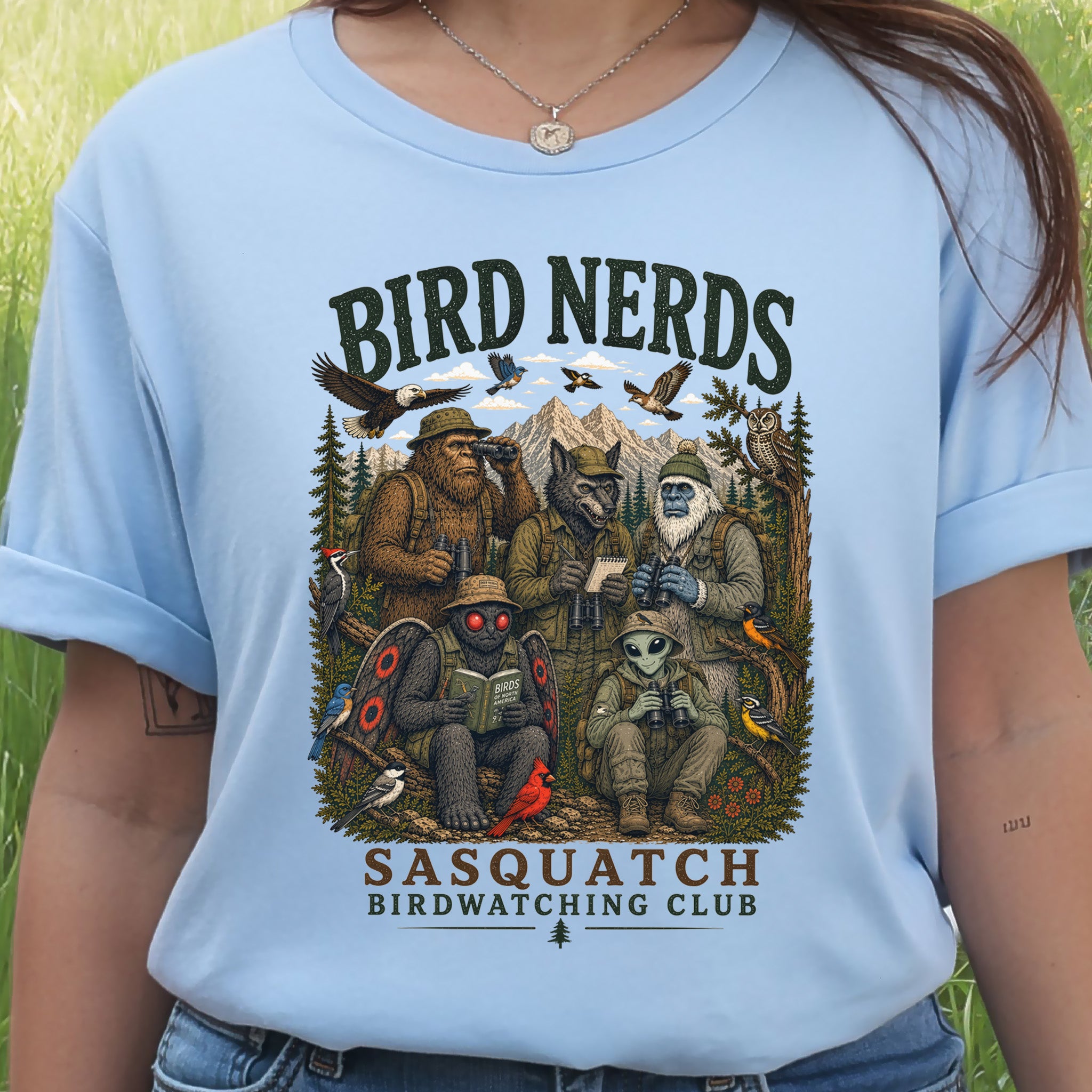 Cryptid Birdwatchers Club Sasquatch Bigfoot Mothman Bird Nerd Forest T-Shirt
